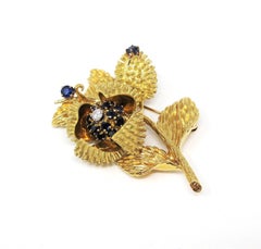 Vintage Tiffany & Co. Sapphire and Diamond Open Flower Brooch 18 Karat Gold
