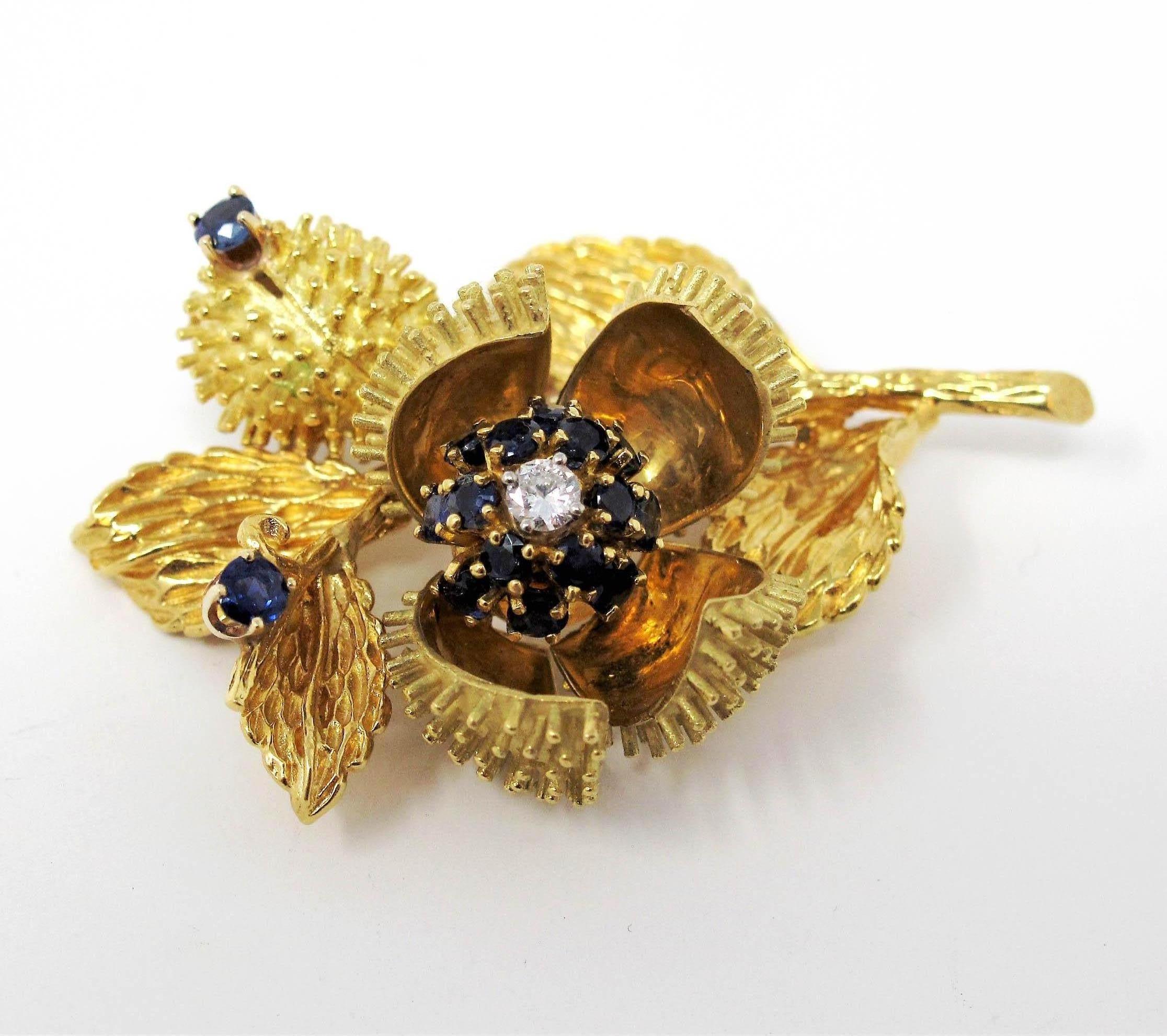 Vintage Tiffany & Co. Sapphire and Diamond Open Flower Brooch 18 Karat Gold 1
