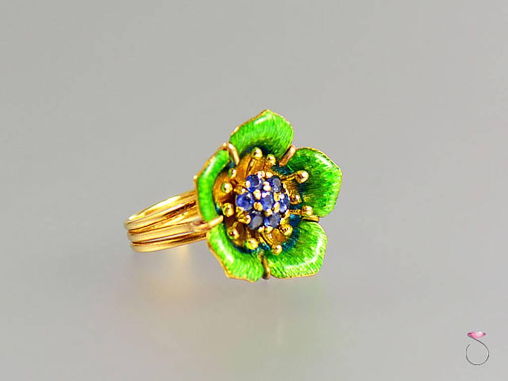 Round Cut Vintage Tiffany & Co. Sapphire and Enamel 18 Karat Ring, Very Rare 1940s Ring