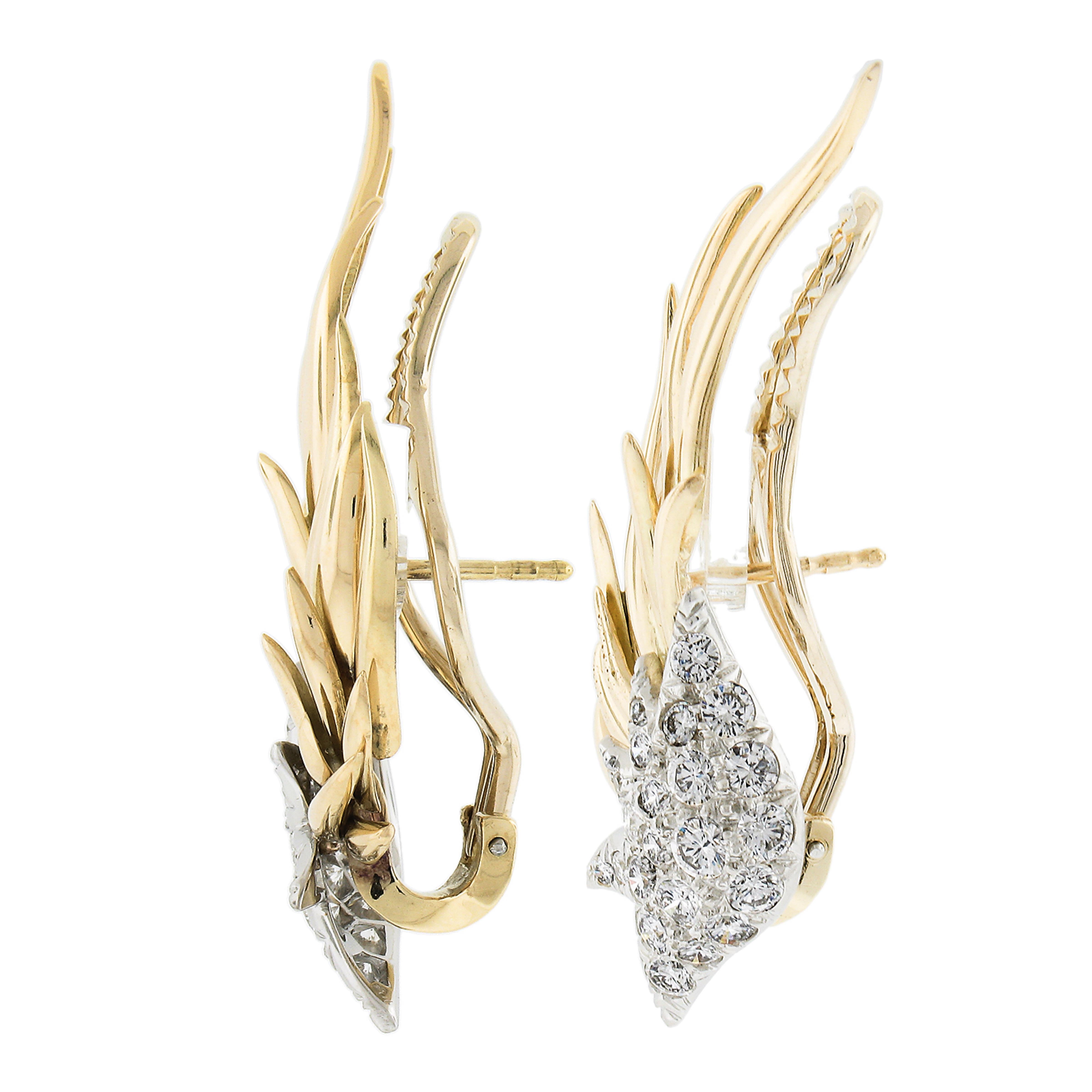 Round Cut Vintage Tiffany & Co. Schlumberger 18K Gold & Platinum Diamond Flame Earrings For Sale