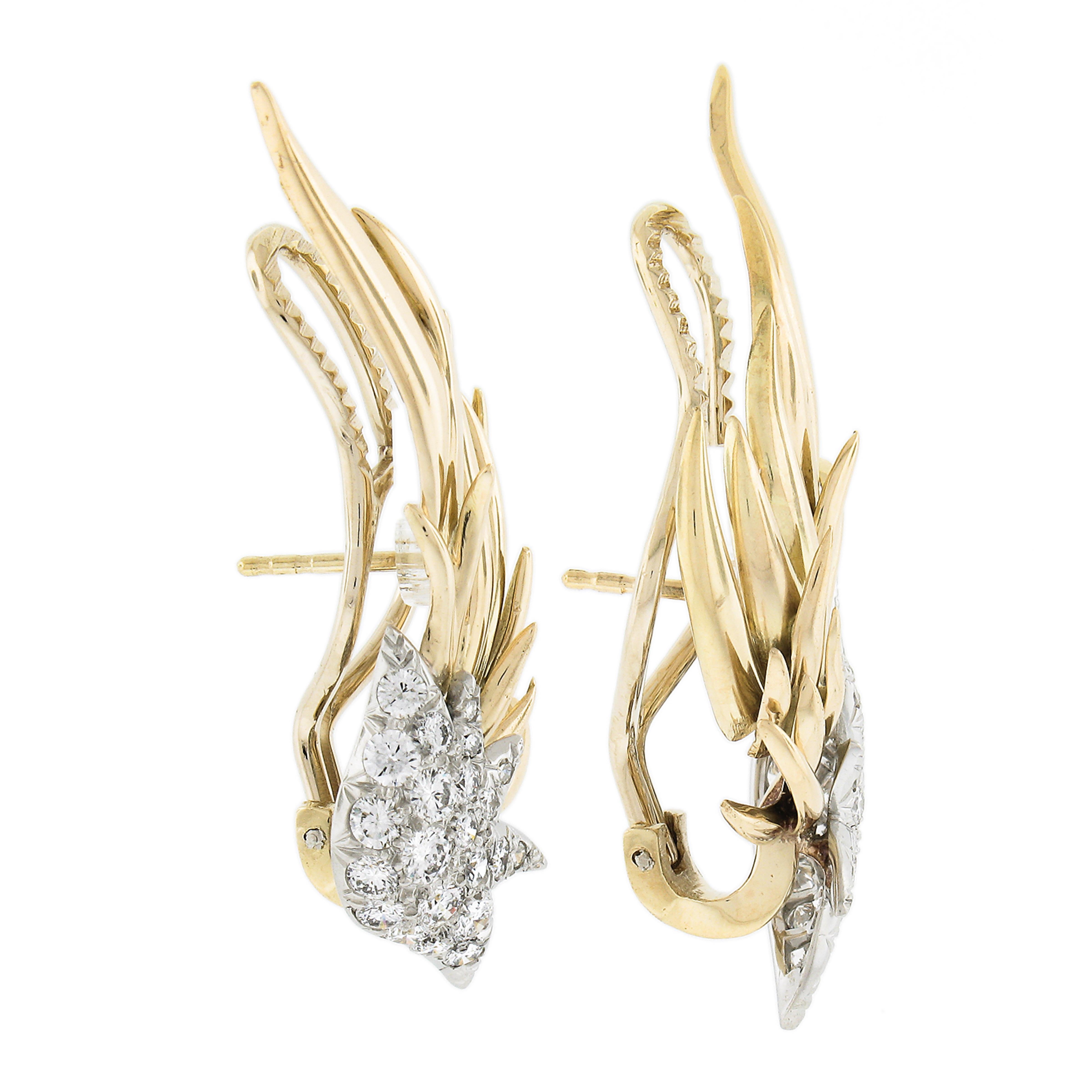 Vintage Tiffany & Co. Schlumberger 18K Gold & Platinum Diamond Flame Earrings In Excellent Condition For Sale In Montclair, NJ