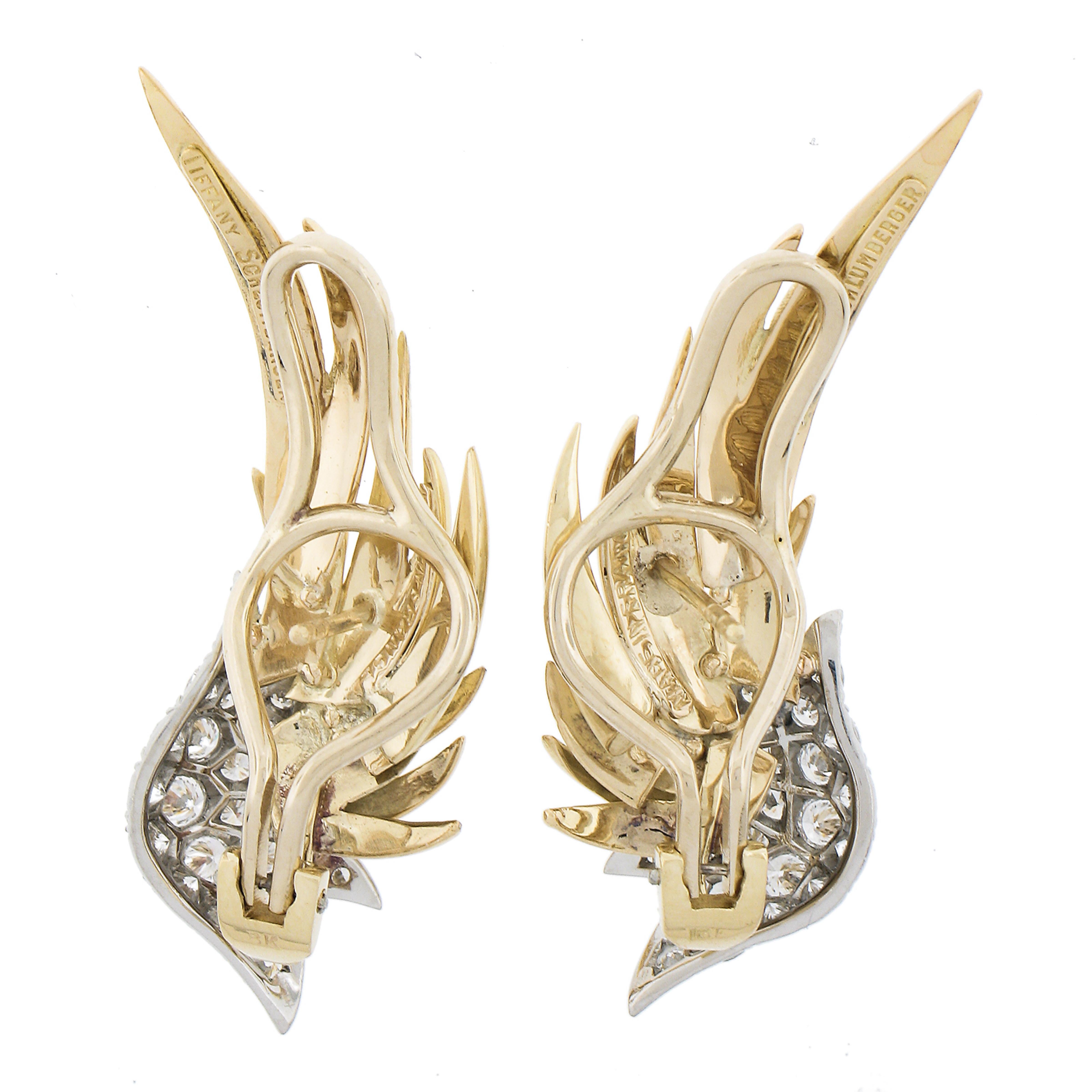 Women's Vintage Tiffany & Co. Schlumberger 18K Gold & Platinum Diamond Flame Earrings For Sale