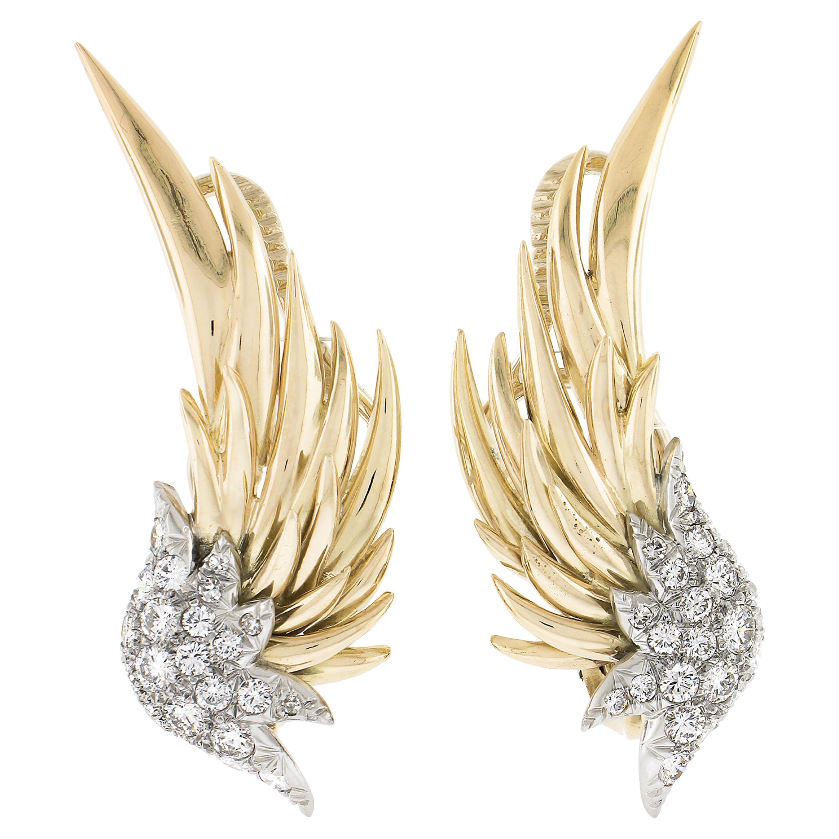 Vintage Tiffany & Co. Boucles d'oreilles Schlumberger Flamme en or 18 carats et platine avec diamants