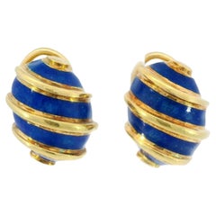 Vintage Tiffany & Co. Schlumberger Blue Enamel Clip On Earrings in 18K Gold