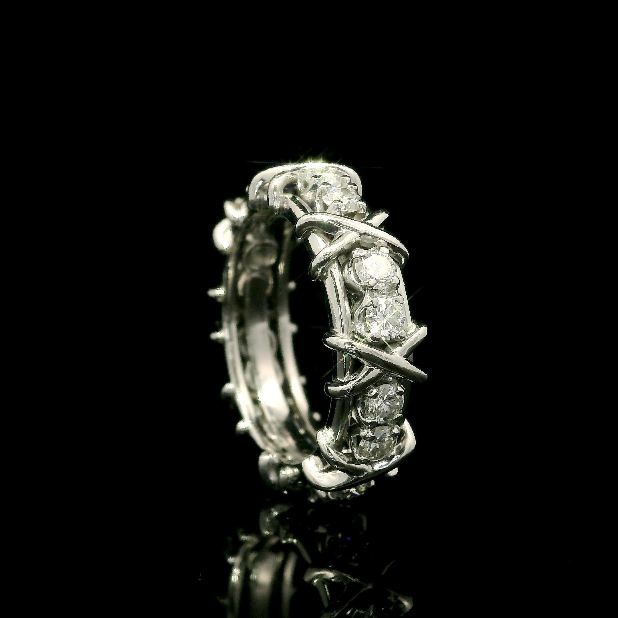 --Stone(s):--
(16) Natural Genuine Diamonds - Round Cut - Prong Set - Nice Brilliant White Color - 1.12ctw (approx.)

Material: Solid .900+ Platinum (tested) - Marked PT950
Weight: 9.90 Grams
Ring Size: 5.5 (Fitted on a finger. We can NOT custom