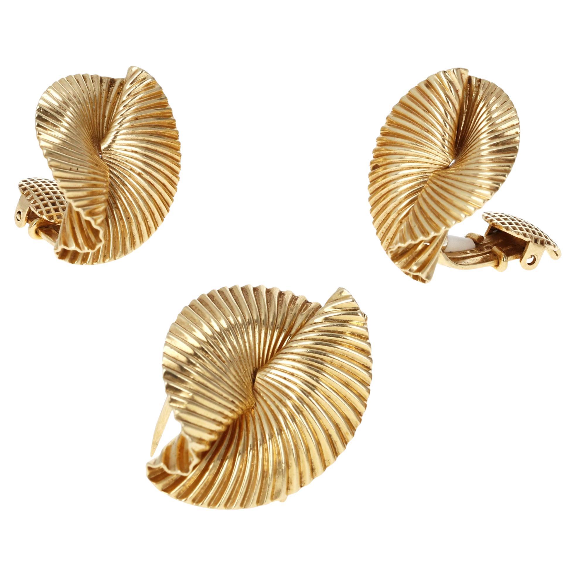 Vintage Tiffany & Co. Sculpted Fan Earrings and Brooch Set