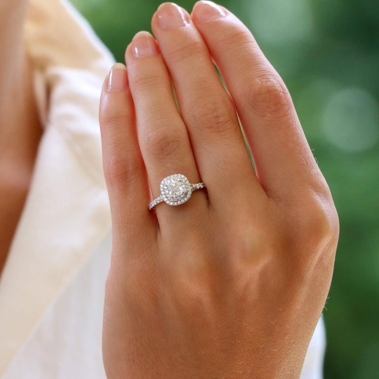 Vintage Tiffany and Co. Soleste Cushion Cut Diamond Halo Ring Set in  Platinum at 1stDibs | cushion cut engagement rings, vintage tiffany  engagement ring, vintage tiffany ring