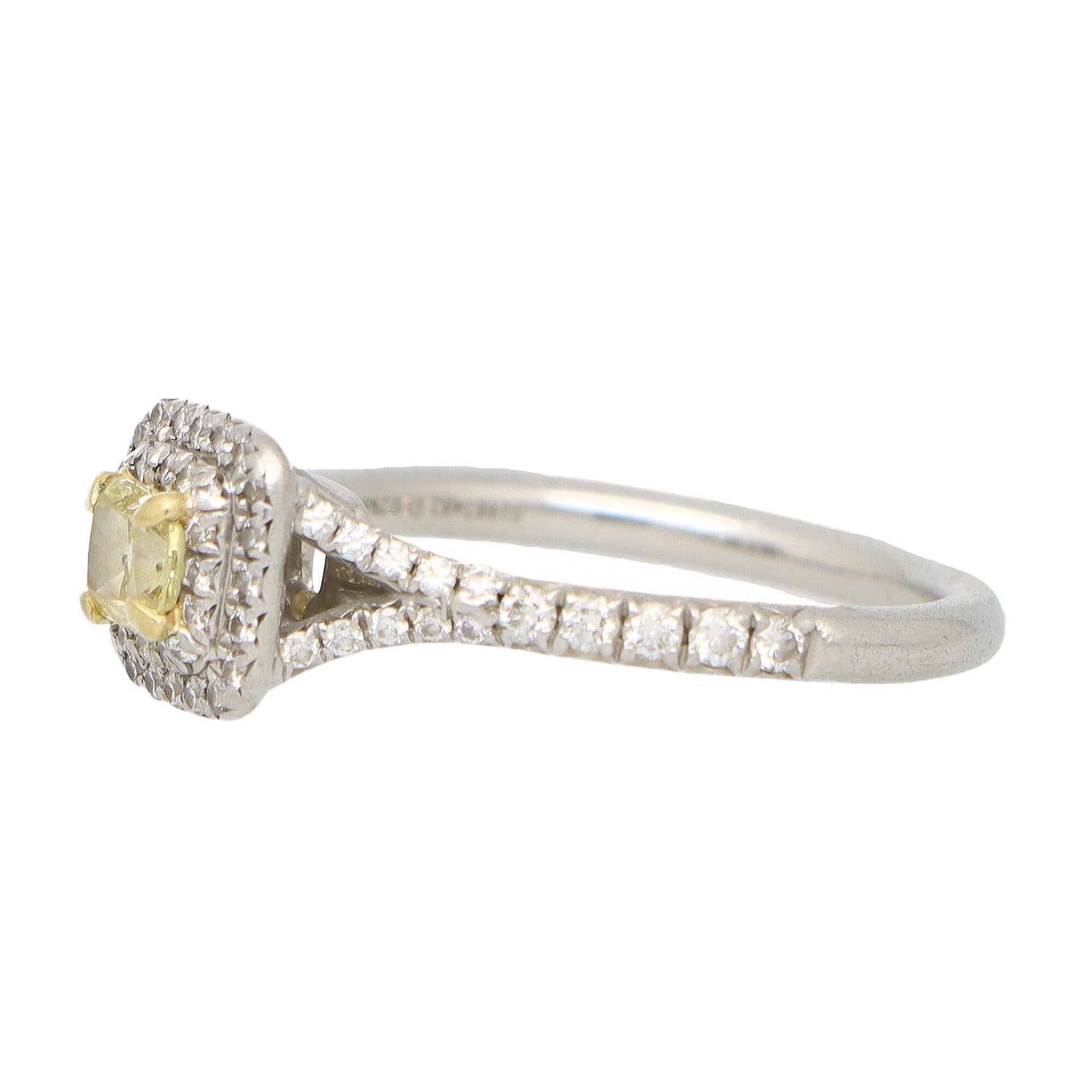 Modern Vintage Tiffany & Co. Soleste Cushion Cut Yellow Diamond Halo Ring in Platinum