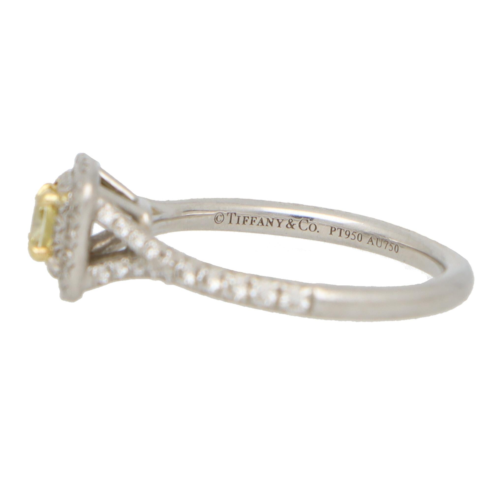 Vintage Tiffany & Co. Soleste Cushion Cut Yellow Diamond Halo Ring in Platinum In Good Condition In London, GB