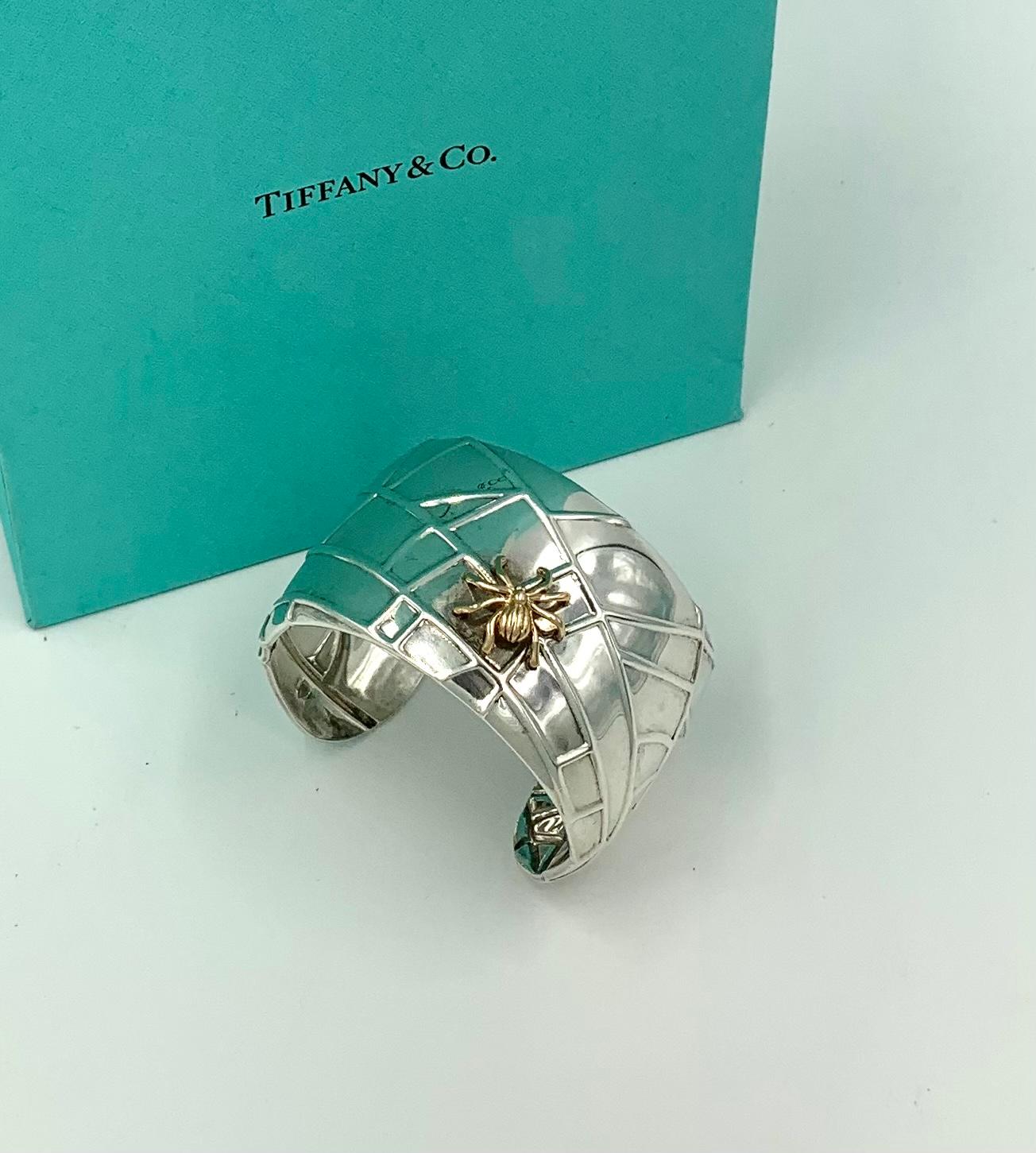 Women's or Men's Large Tiffany & Co. Sterling Silver 18K Yellow Gold Spider Cuff Bracelet For Sale