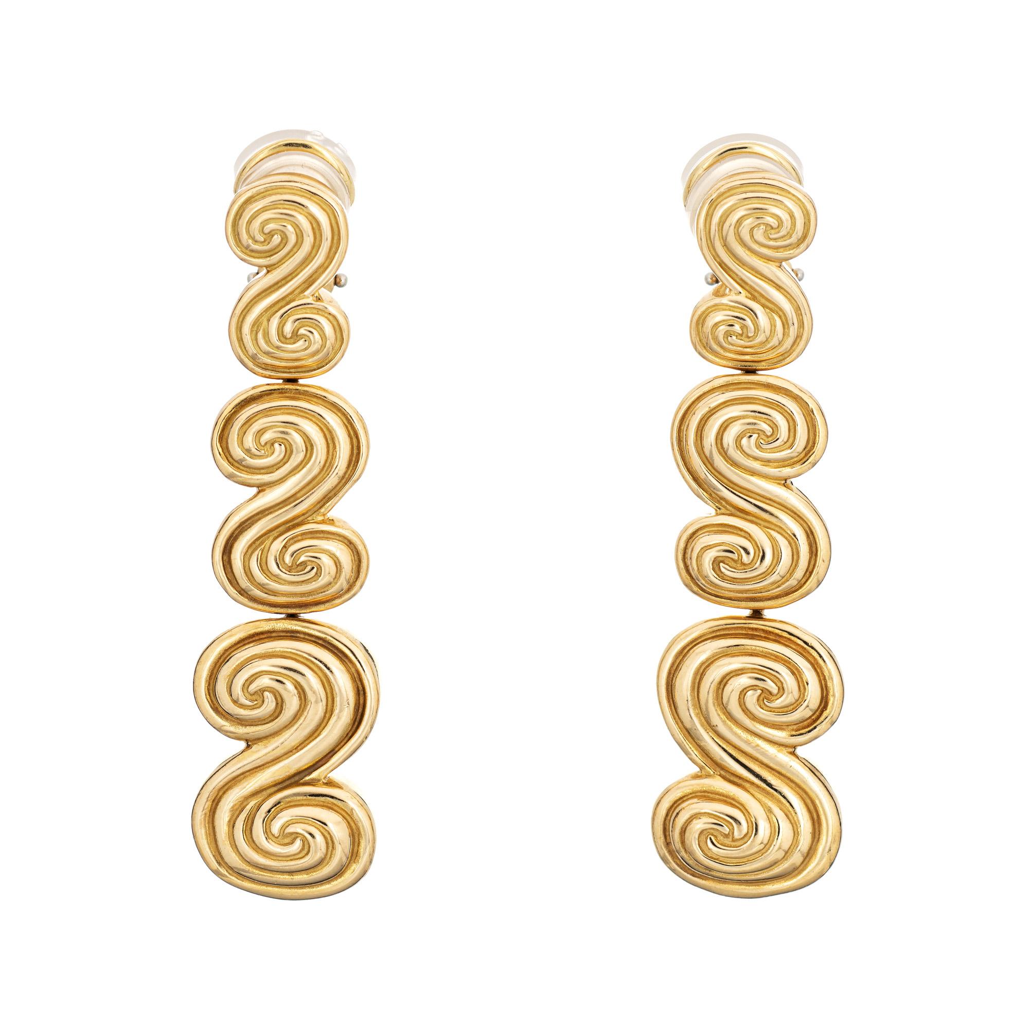 Modern Vintage Tiffany & Co Spiro Earrings C1993 Swirl Long Drops 18k Yellow Gold For Sale