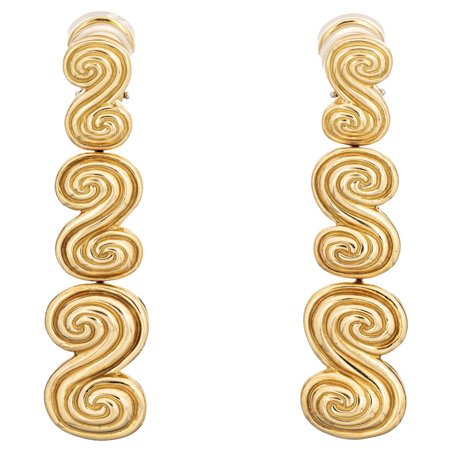 Vintage Tiffany & Co Spiro Earrings C1993 Swirl Long Drops 18k Yellow Gold