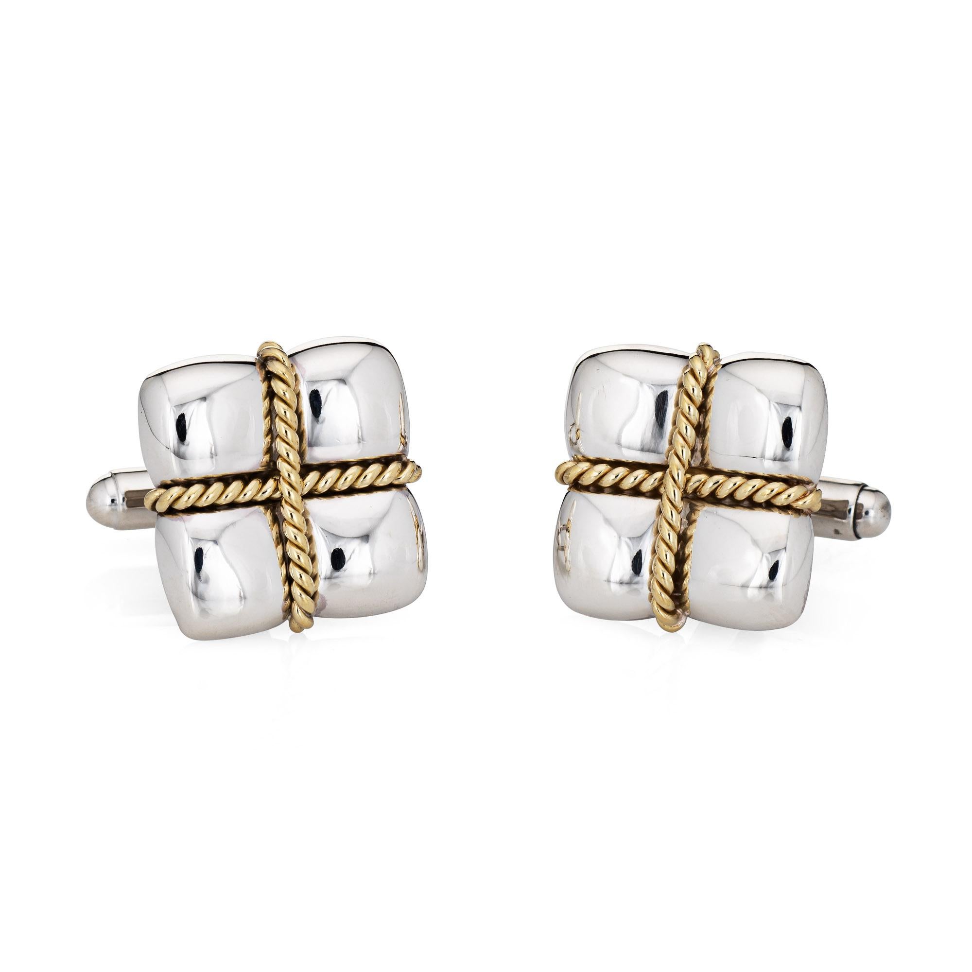 Modern Vintage Tiffany & Co Square Cufflinks Sterling Silver 18k Yellow Gold Rope