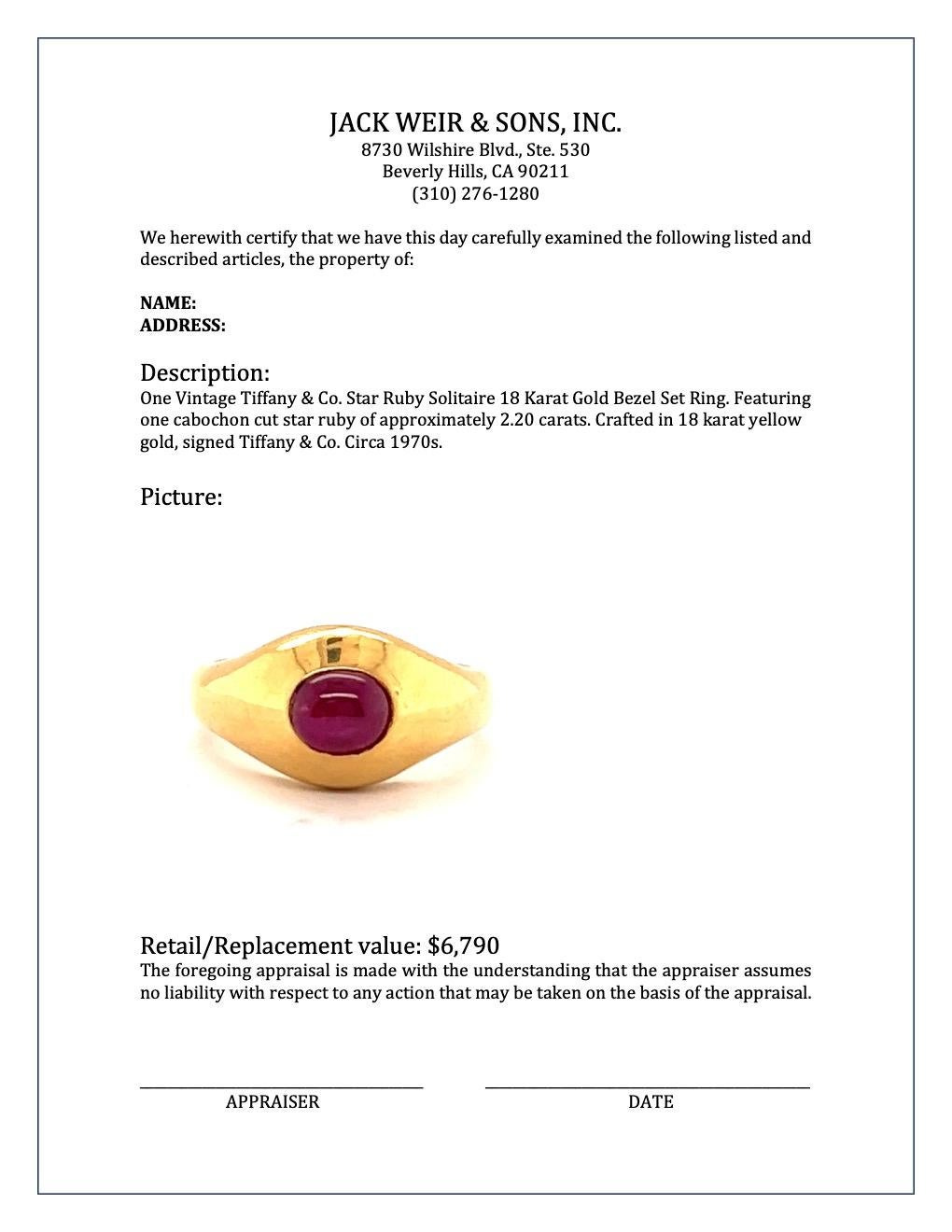 Vintage Tiffany & Co. 2.20ct Star Ruby Solitaire 18 Karat Gold Bezel Set Ring 1