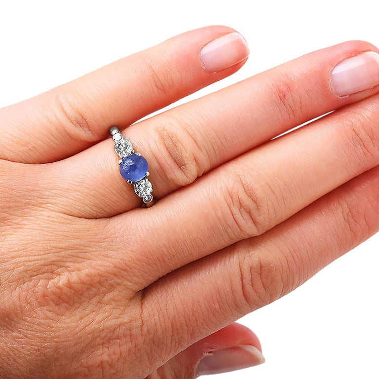 Art Deco Vintage Tiffany & Co. Star Sapphire Diamond Palladium Three Stone Ring For Sale