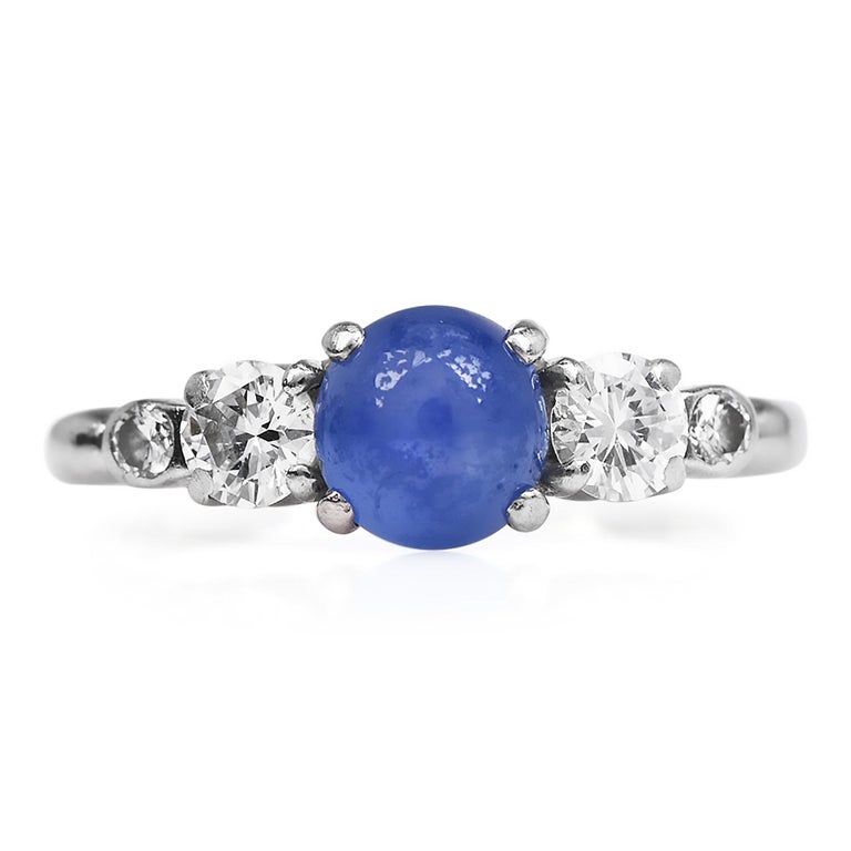 Cabochon Vintage Tiffany & Co. Star Sapphire Diamond Palladium Three Stone Ring For Sale