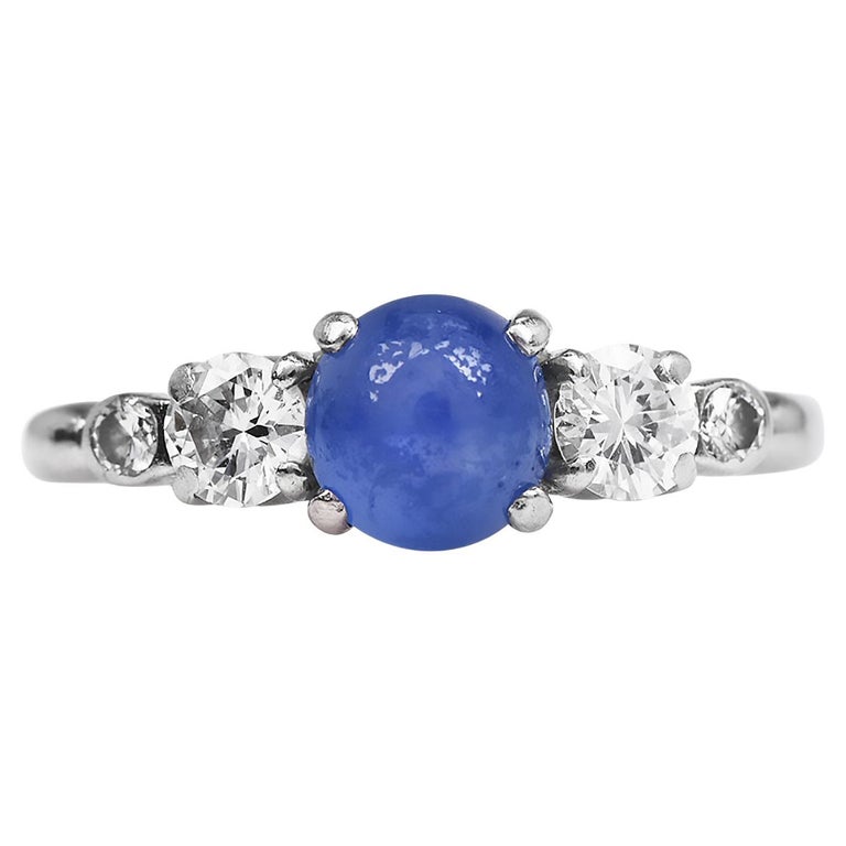 Vintage Tiffany & Co. Star Sapphire Diamond Palladium Three Stone Ring For Sale