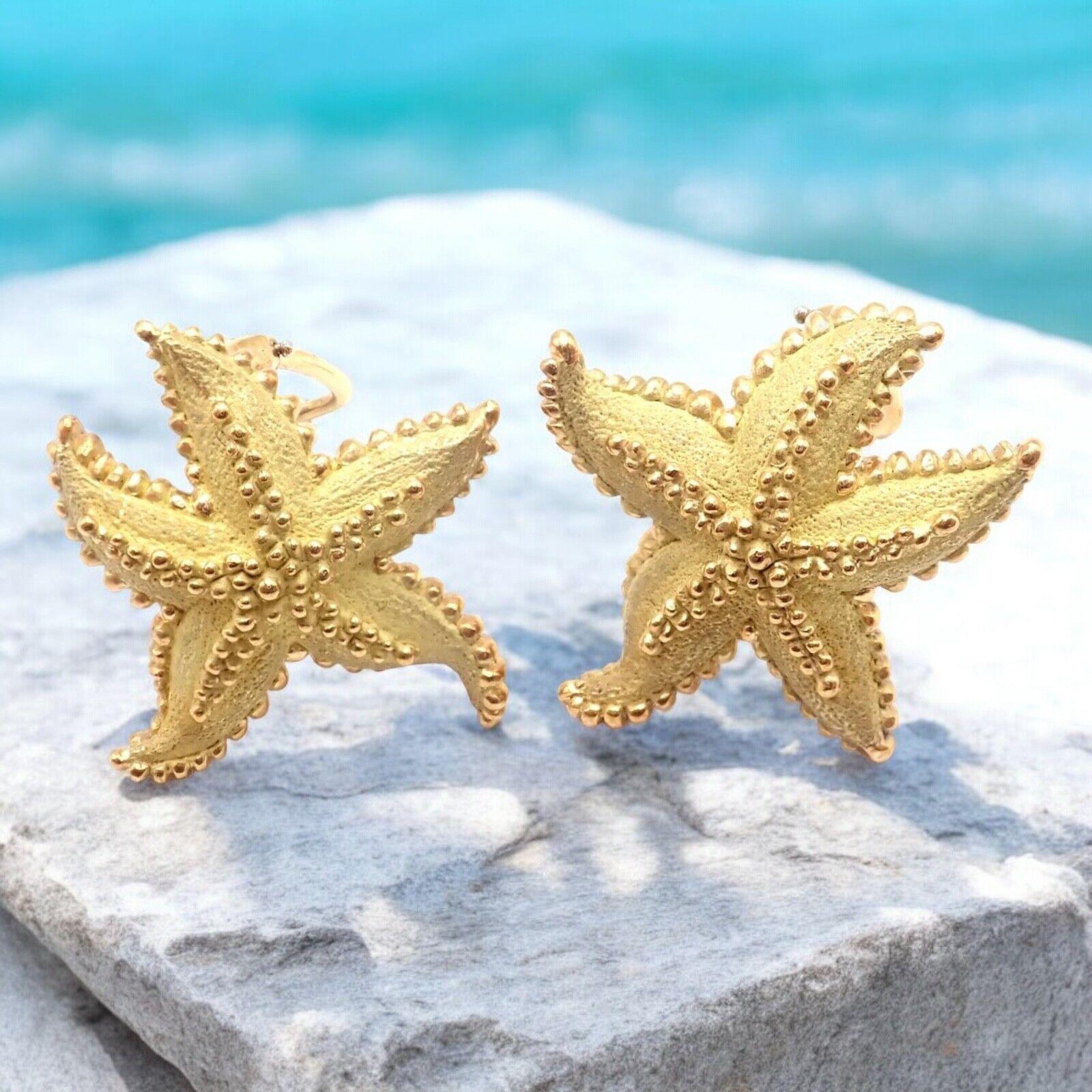 18k Yellow Gold Vintage Starfish 18k Yellow Gold Large Earrings by Tiffany & Co. 
The Vintage Tiffany & Co Starfish earrings are crafted in 18k yellow gold, featuring a large starfish design. 
The intricate detailing captures the texture and