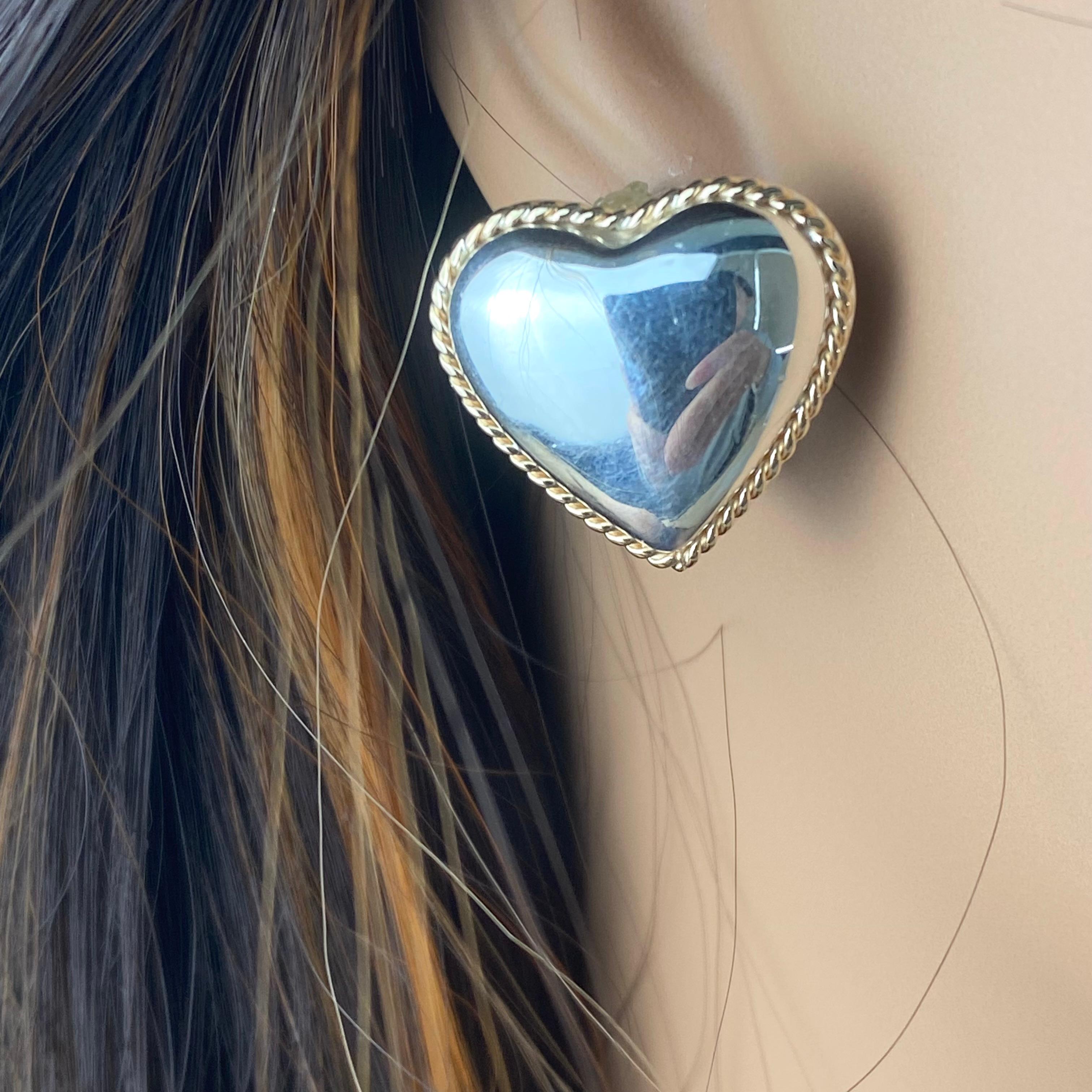 Vintage Tiffany Co Sterling Silver 14 Karat Yellow Gold Heart Shaped Earrings  For Sale 2