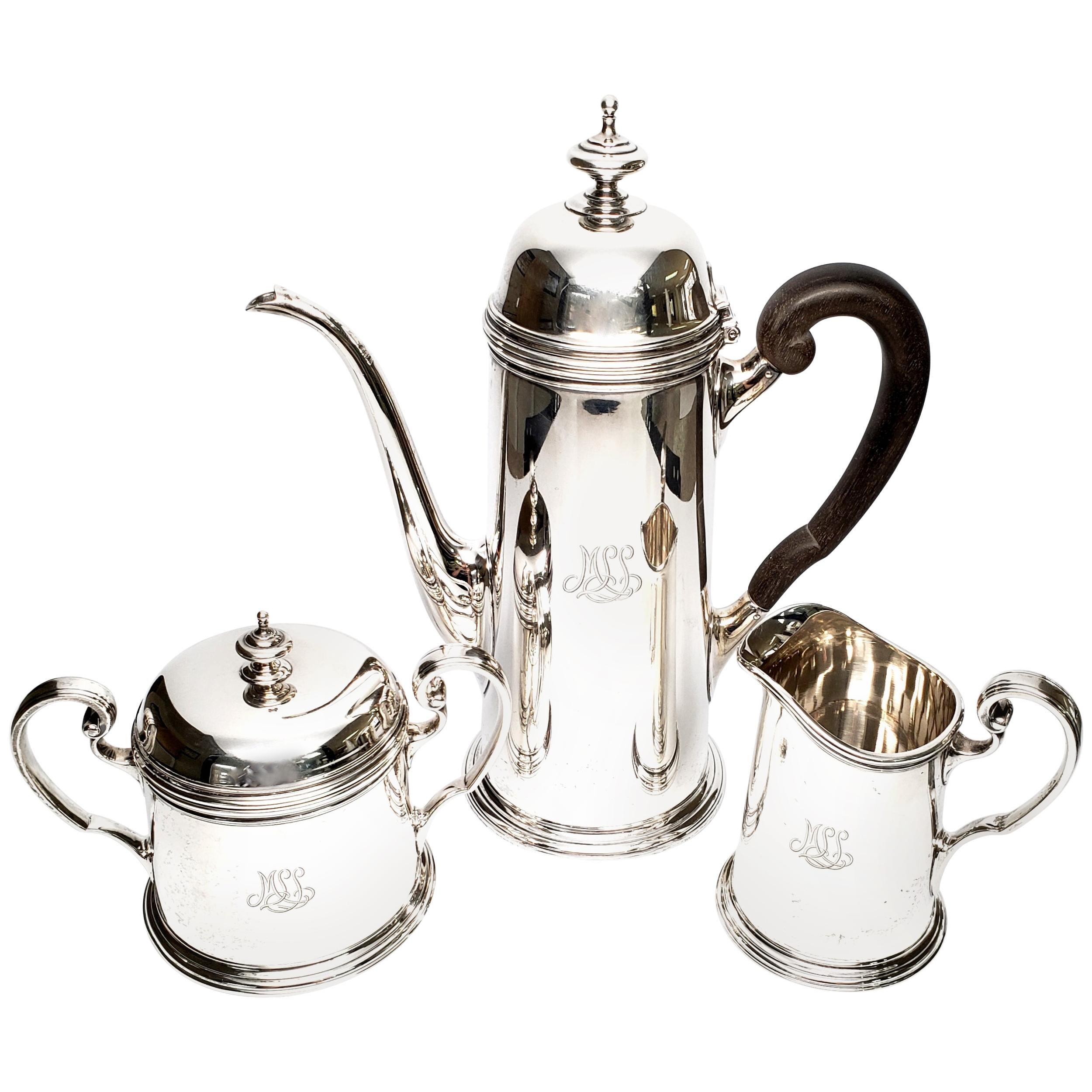 Vintage Tiffany & Co. Sterling Silver 3 Piece Coffee Set, with Monogram For Sale