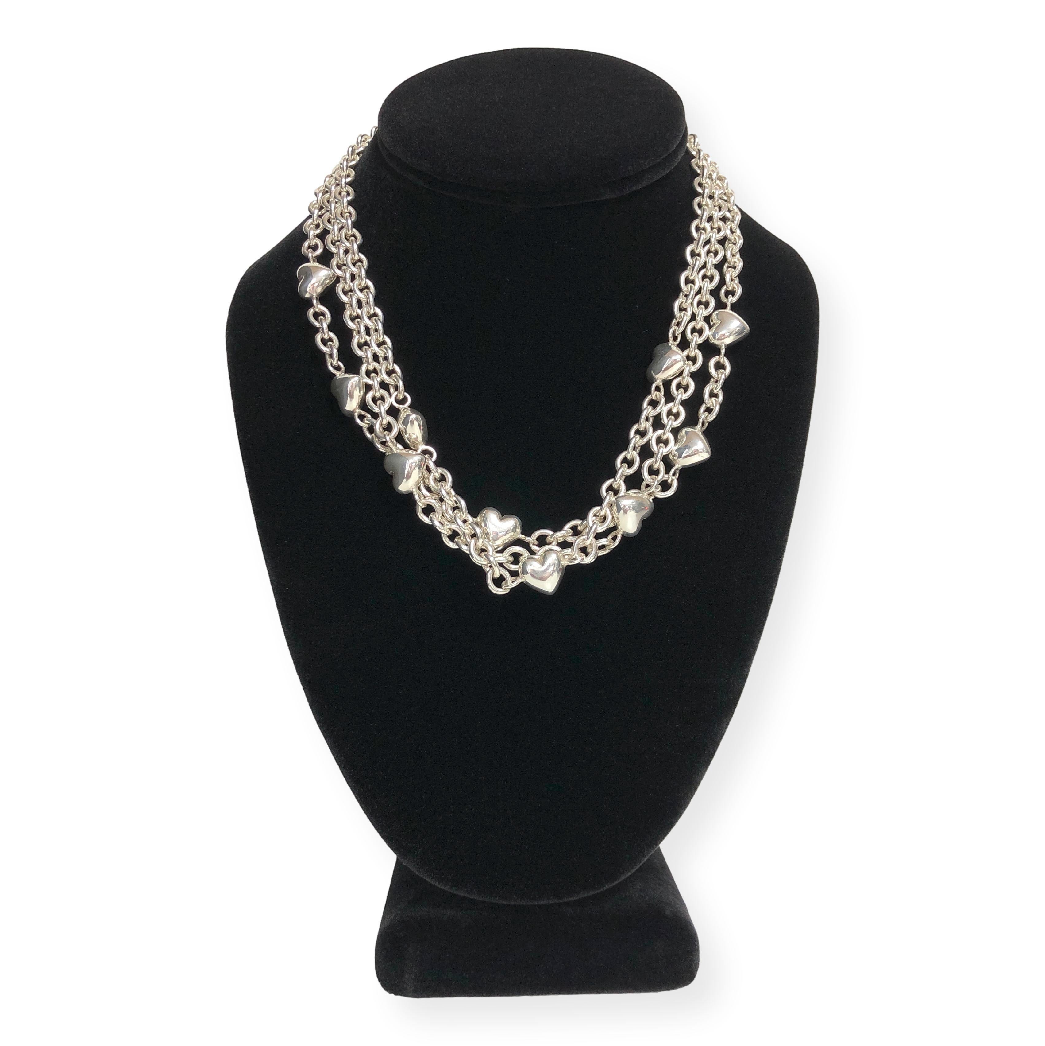 Contemporary Vintage Tiffany & Co. Sterling Silver 3-Strand Heart Toggle Necklace 17” For Sale