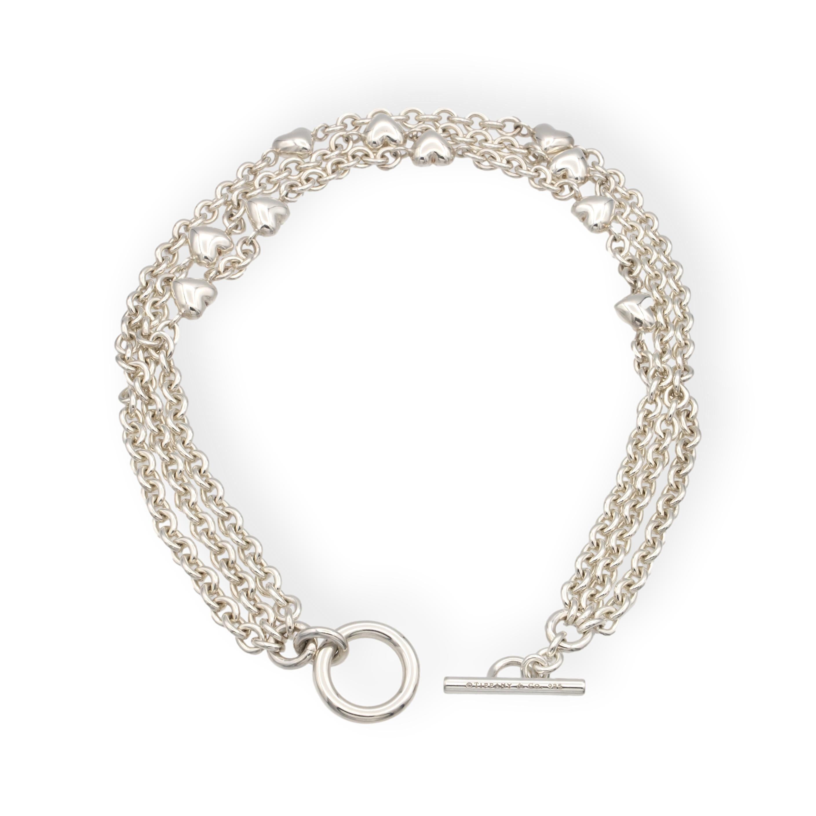 Women's Vintage Tiffany & Co. Sterling Silver 3-Strand Heart Toggle Necklace 17” For Sale