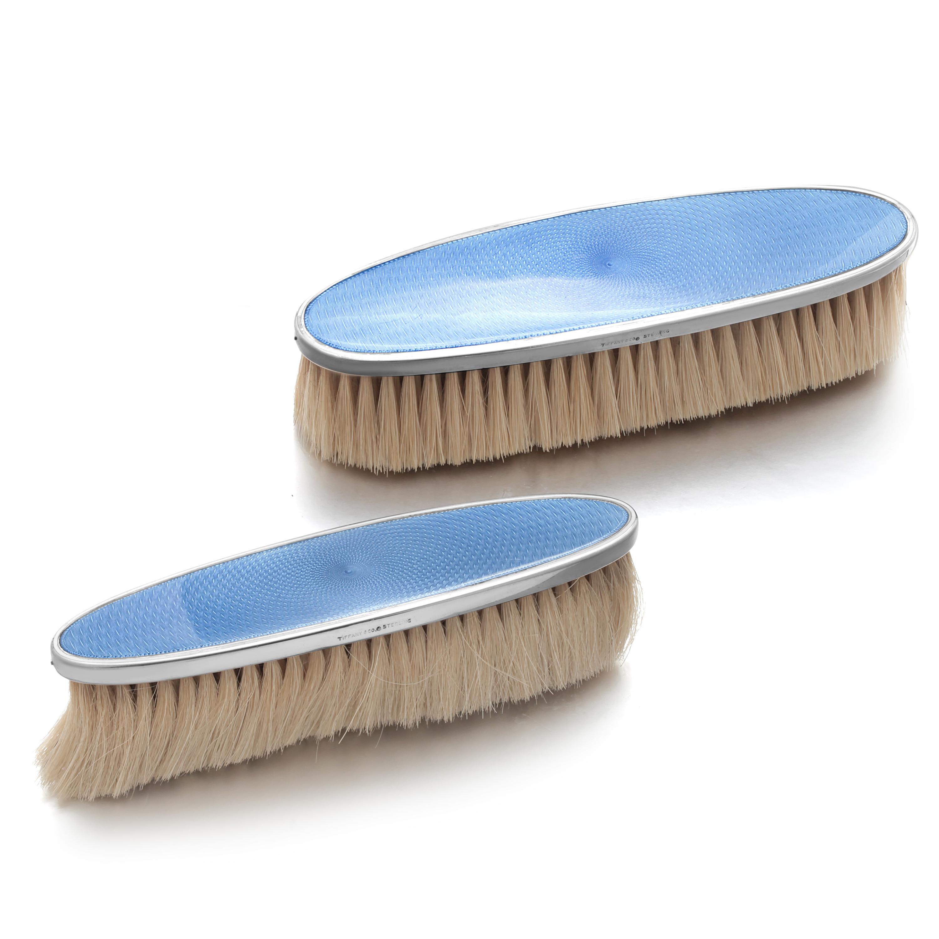 Vintage Tiffany Co Sterling Silver Blue Guilloché Enamel Pair Clothes Brushes In Good Condition In New York, NY
