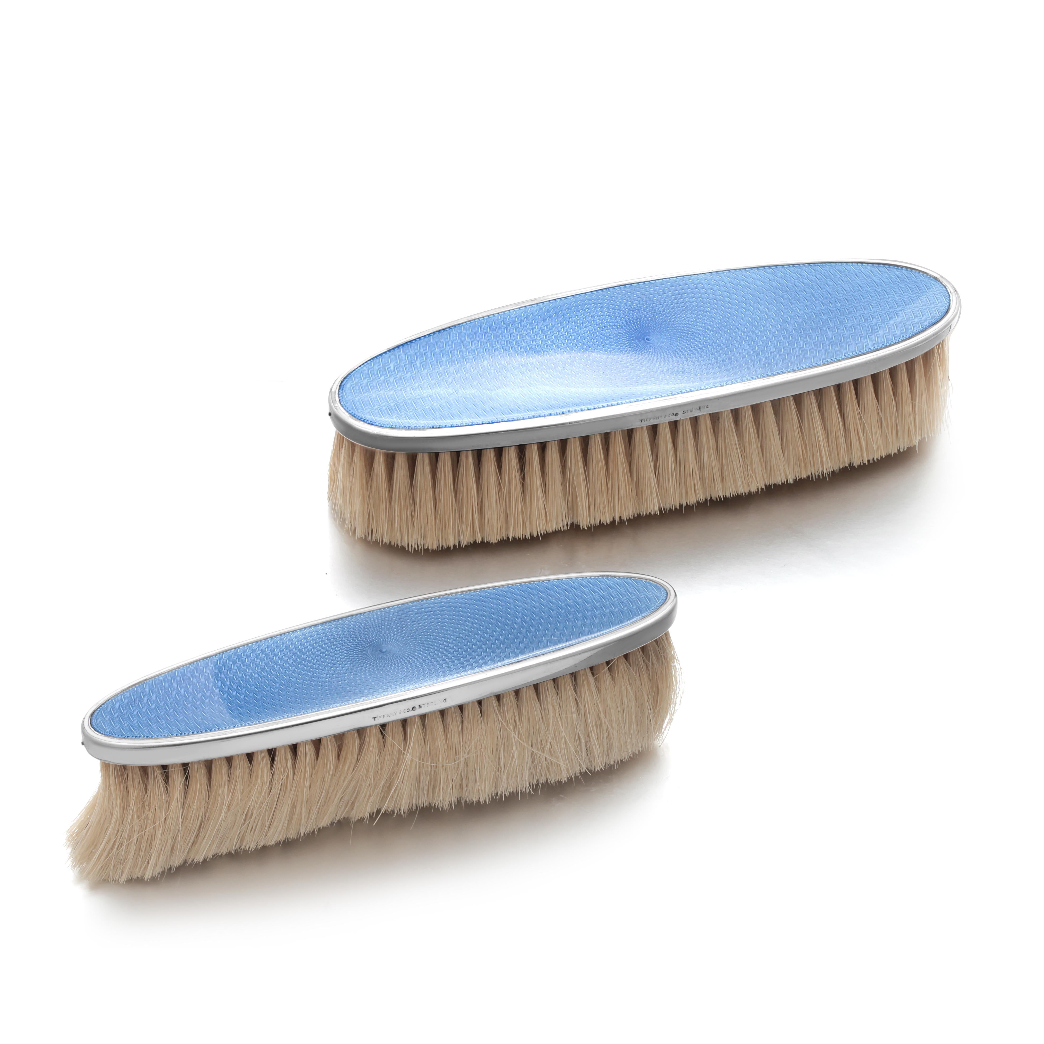 Vintage Tiffany Co Sterling Silver Blue Guilloché Enamel Pair Clothes Brushes 1