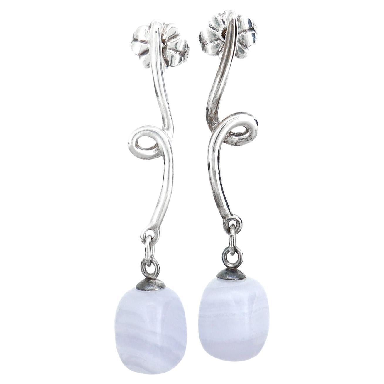 Vintage Tiffany & Co. Sterling Silver & Blue Lace Agate Bead Drop Earrings For Sale