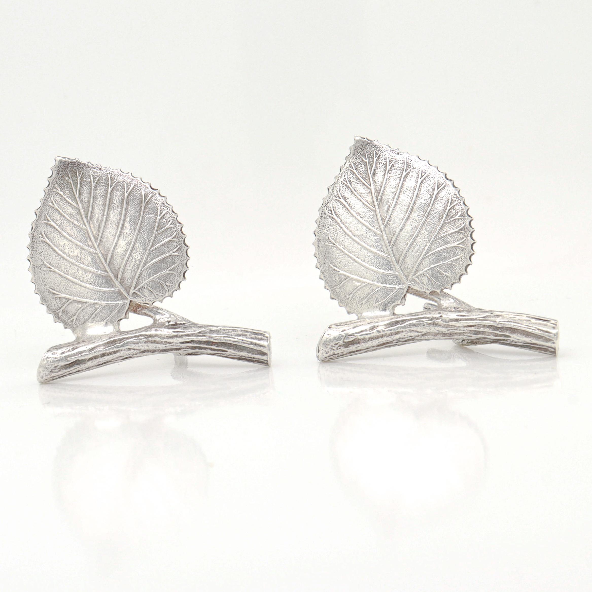 Vintage Tiffany & Co. Sterling Silver Branch & Birch Leaf Placecard Holders In Good Condition For Sale In Philadelphia, PA