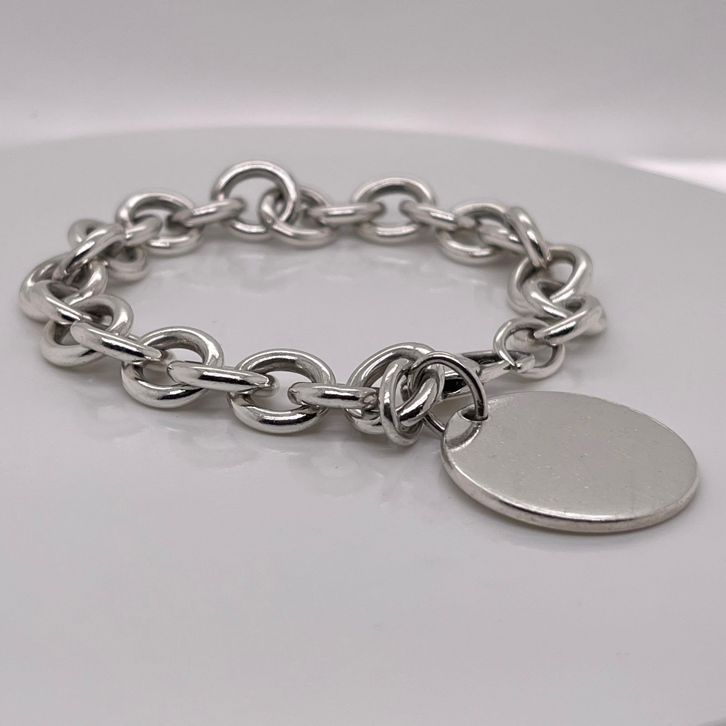 Vintage Tiffany & Co. Sterling Silver Dog Chain Link Bracelet with Round Charm In Good Condition For Sale In Philadelphia, PA