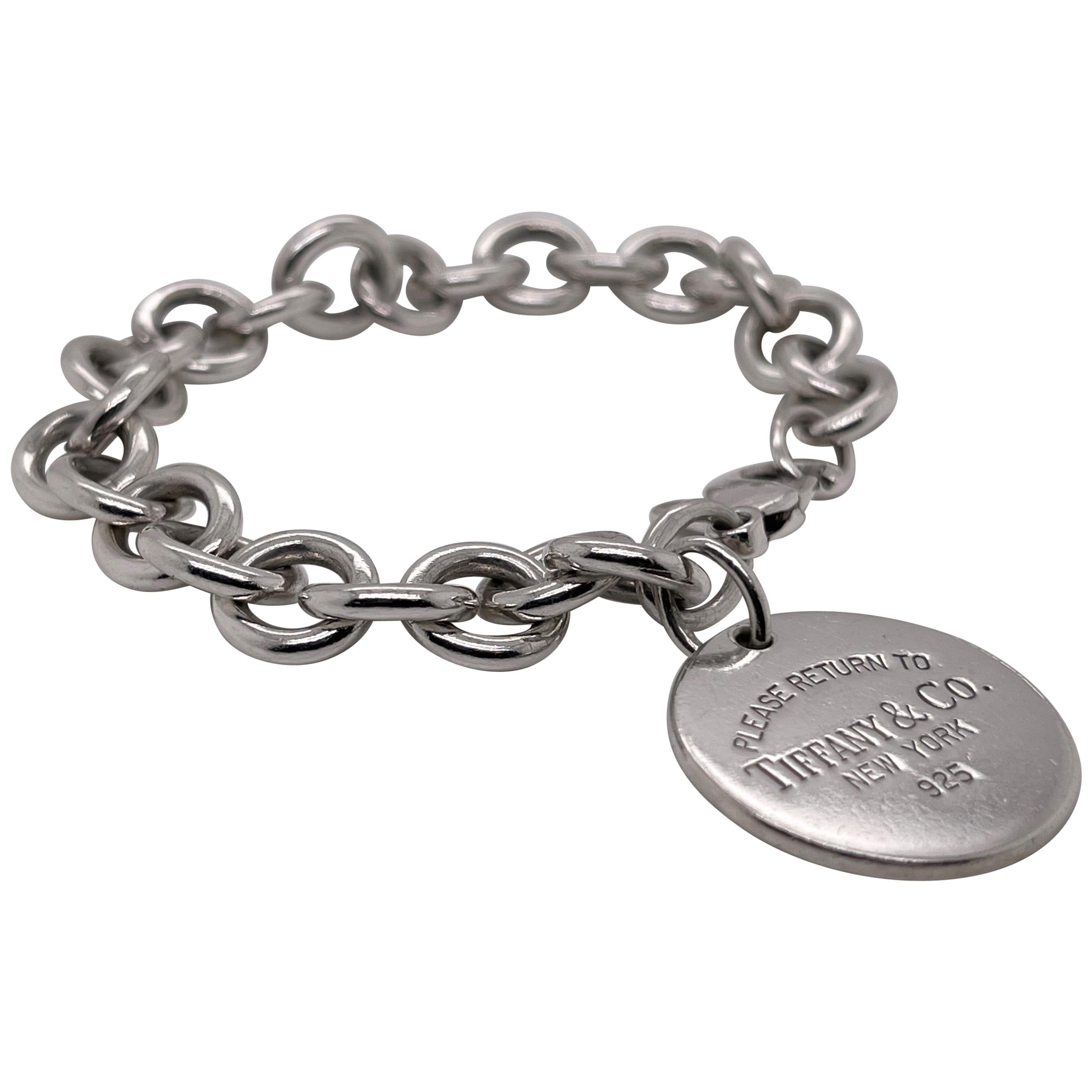 Vintage Tiffany & Co. Sterling Silver Dog Chain Link Bracelet with Round Charm For Sale