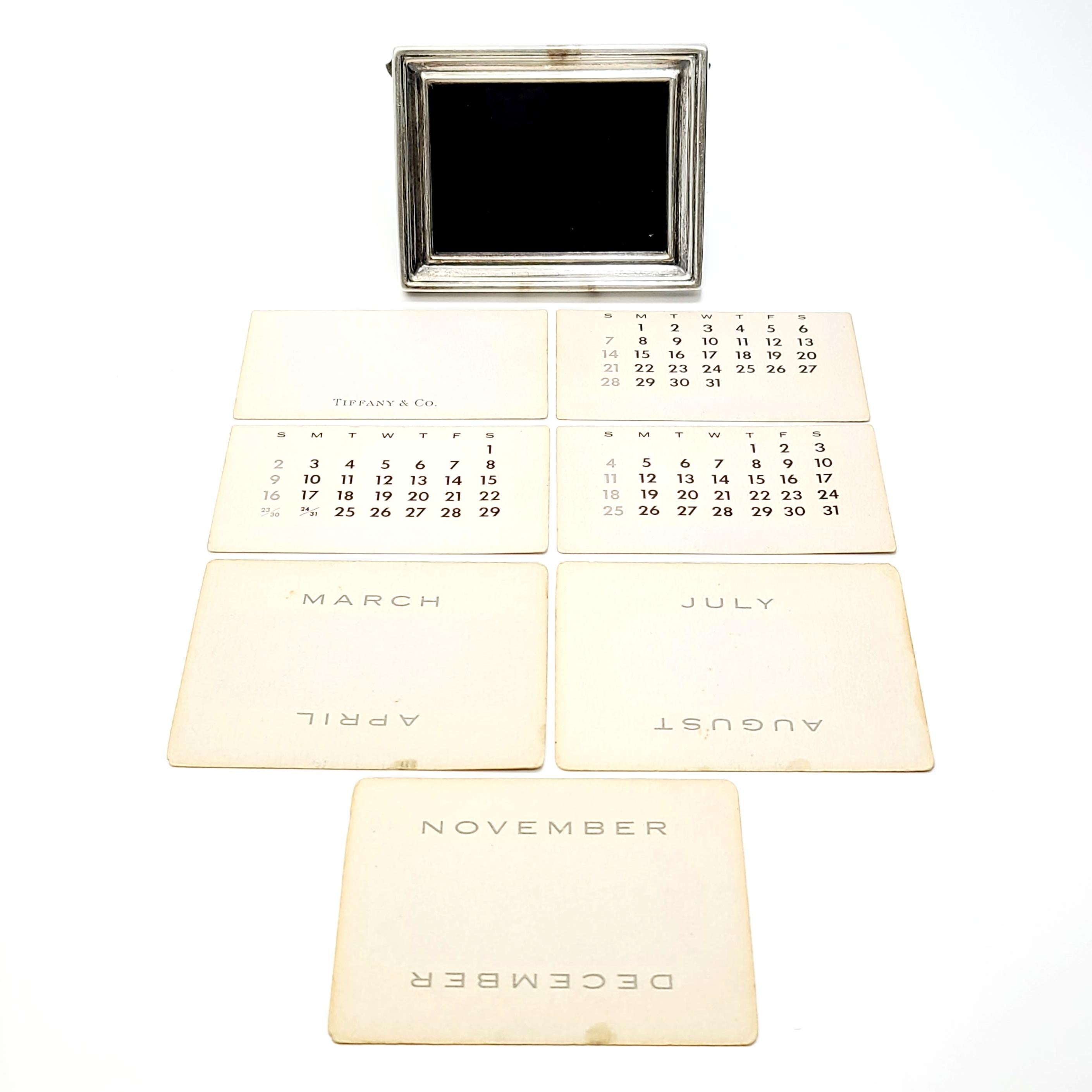 Vintage sterling silver frame perpetual calendar by Tiffany & Co.

A sterling silver frame displays the month and days of any year. Includes cards with every month on top, and cards with the days starting on all different first days of the month