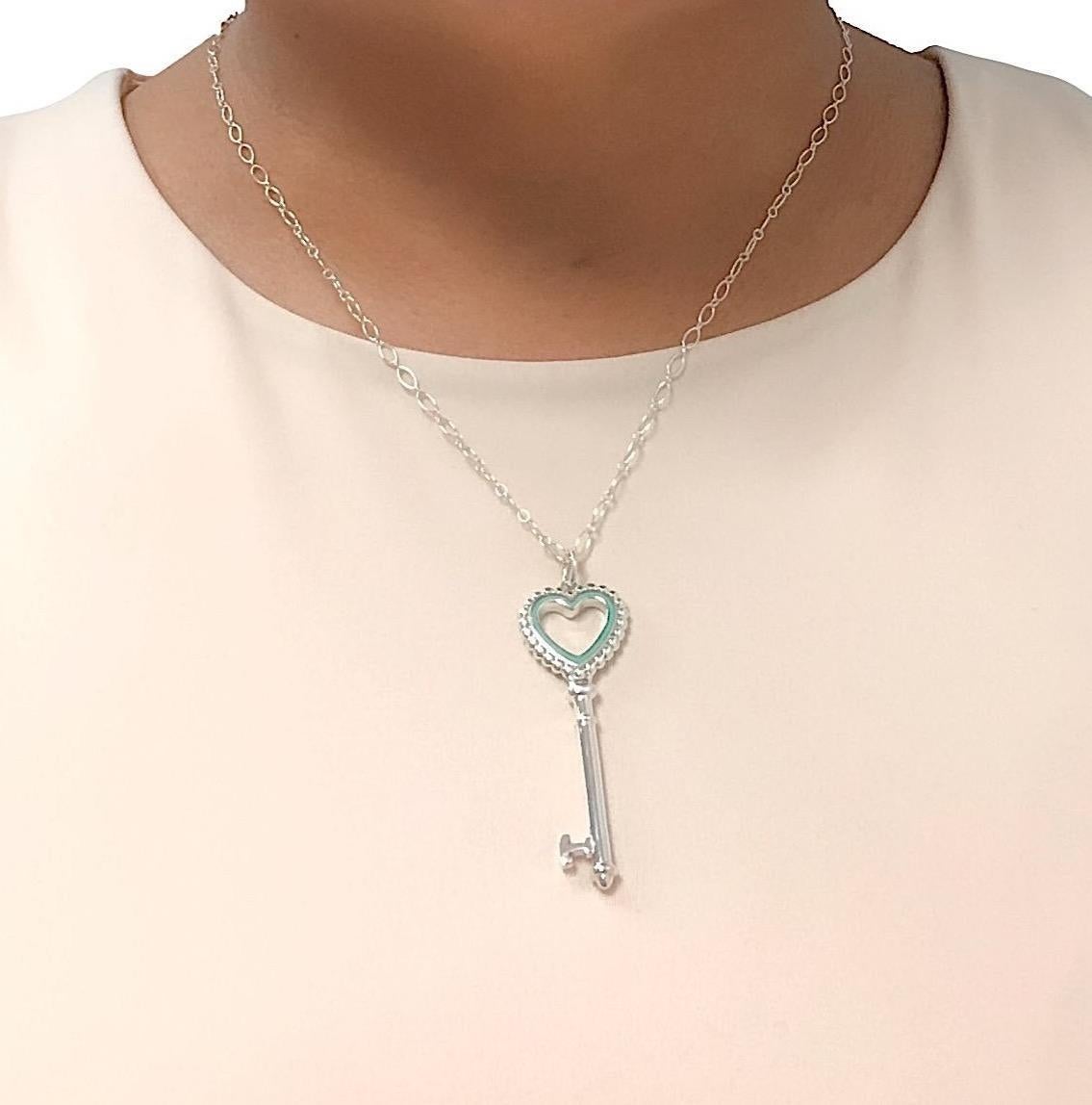 Vintage Tiffany & Co. Sterling Silver Heart Key Enamel Pendant Necklace 30