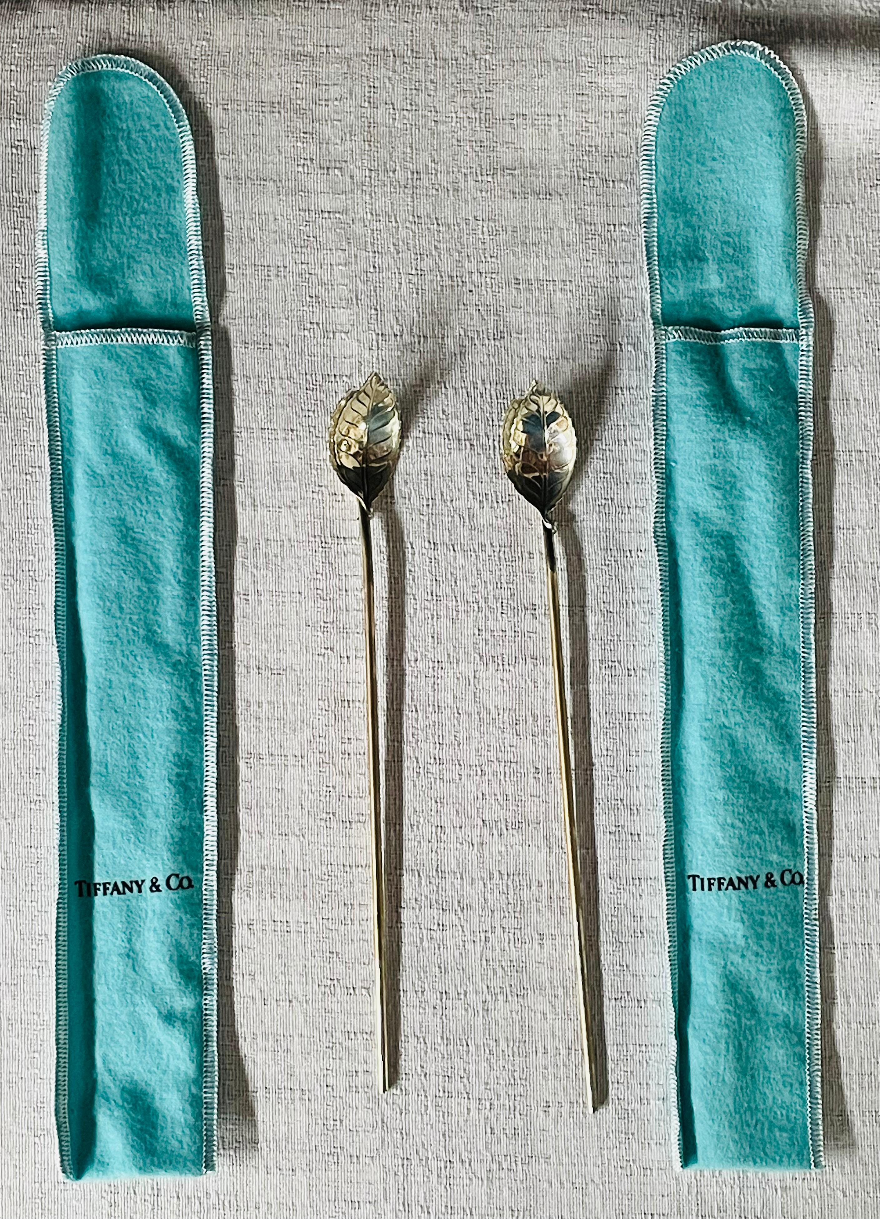 20th Century Vintage Tiffany & Co. Sterling Silver Leaf Straws Stirring Spoon, a Set of 2 For Sale