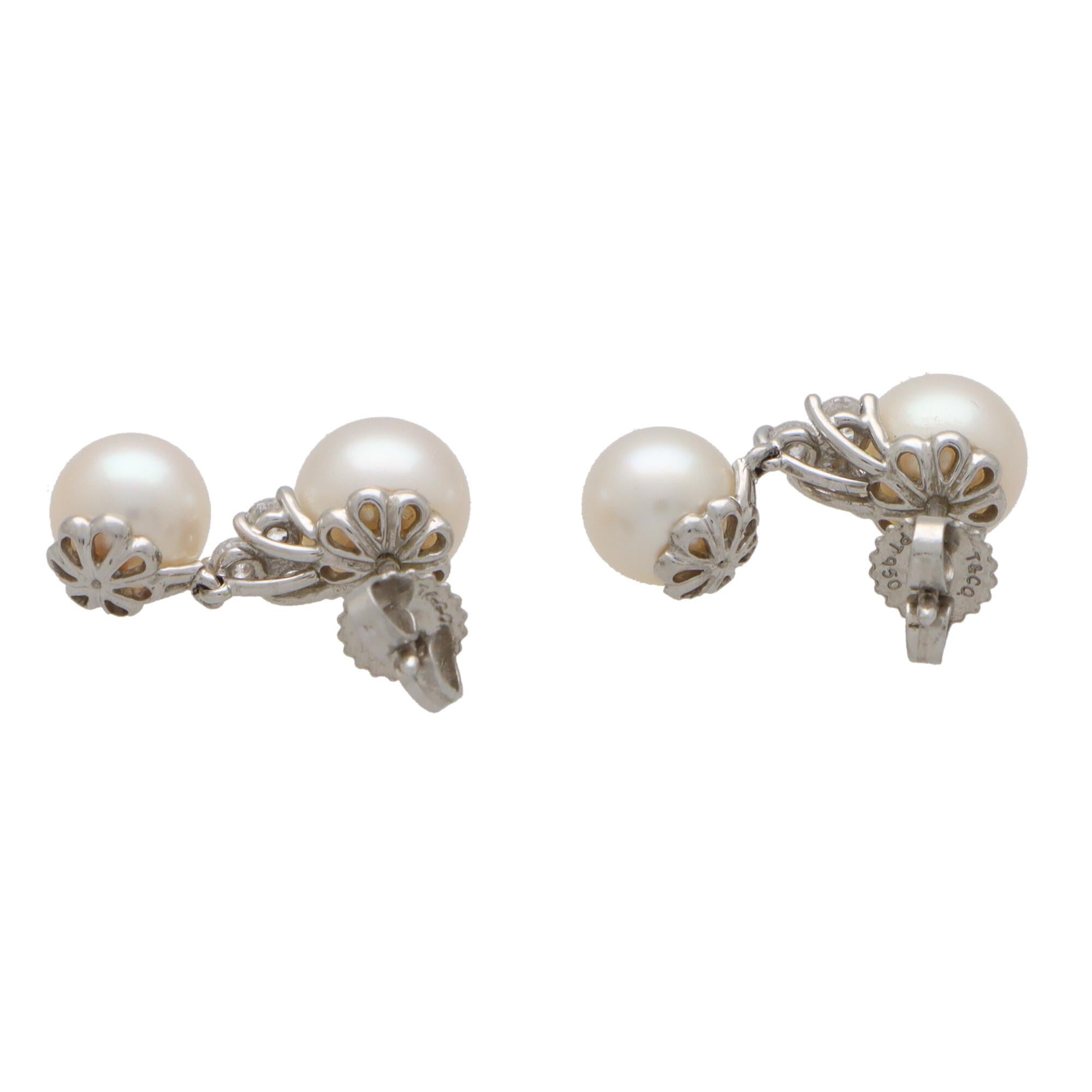 Modern Vintage Tiffany & Co. 'Trio' Pearl and Diamond Drop Earrings Set in Platinum