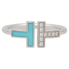  Vintage Tiffany & Co Turquoise and Diamond Tiffany T Ring IN 18k White Gold