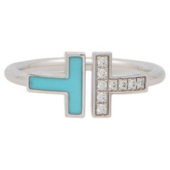 Vintage Tiffany & Co Turquoise and Diamond Tiffany T Ring IN 18k White Gold
