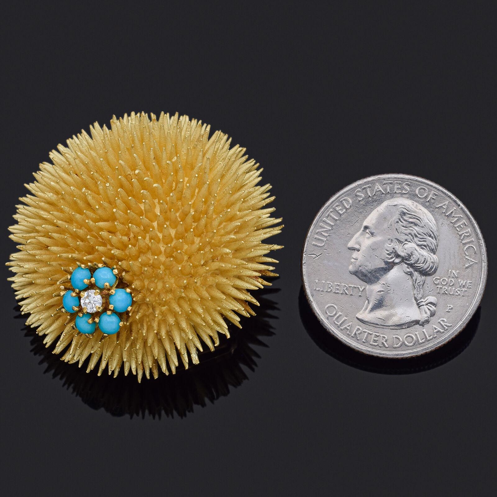 Vintage Tiffany & Co. Turquoise & Diamond Yellow Gold Large Urchin Brooch In Good Condition In New York, NY