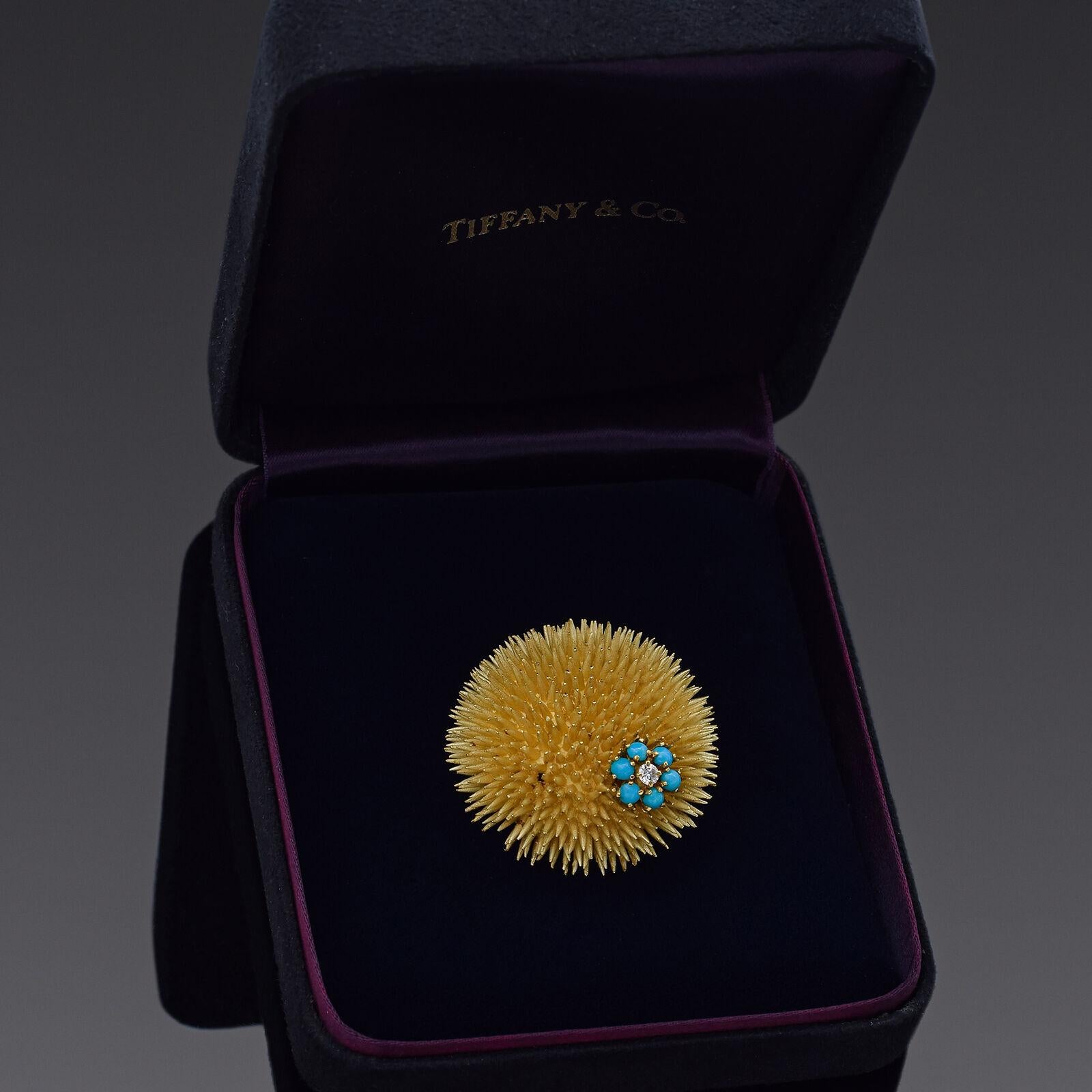 Women's Vintage Tiffany & Co. Turquoise & Diamond Yellow Gold Large Urchin Brooch