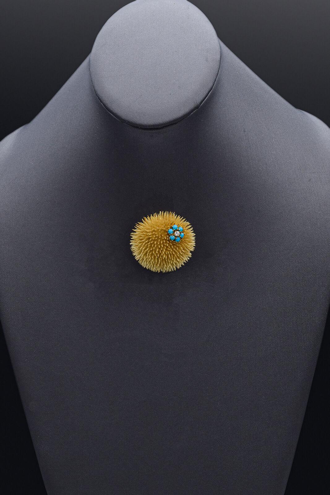 Vintage Tiffany & Co. Turquoise & Diamond Yellow Gold Large Urchin Brooch 1