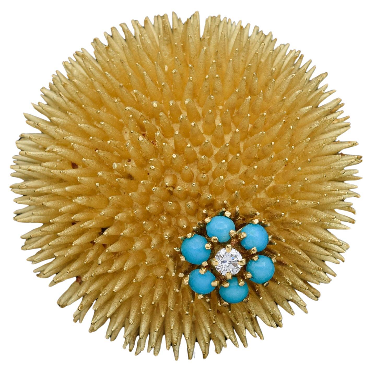 Vintage Tiffany & Co. Turquoise & Diamond Yellow Gold Large Urchin Brooch