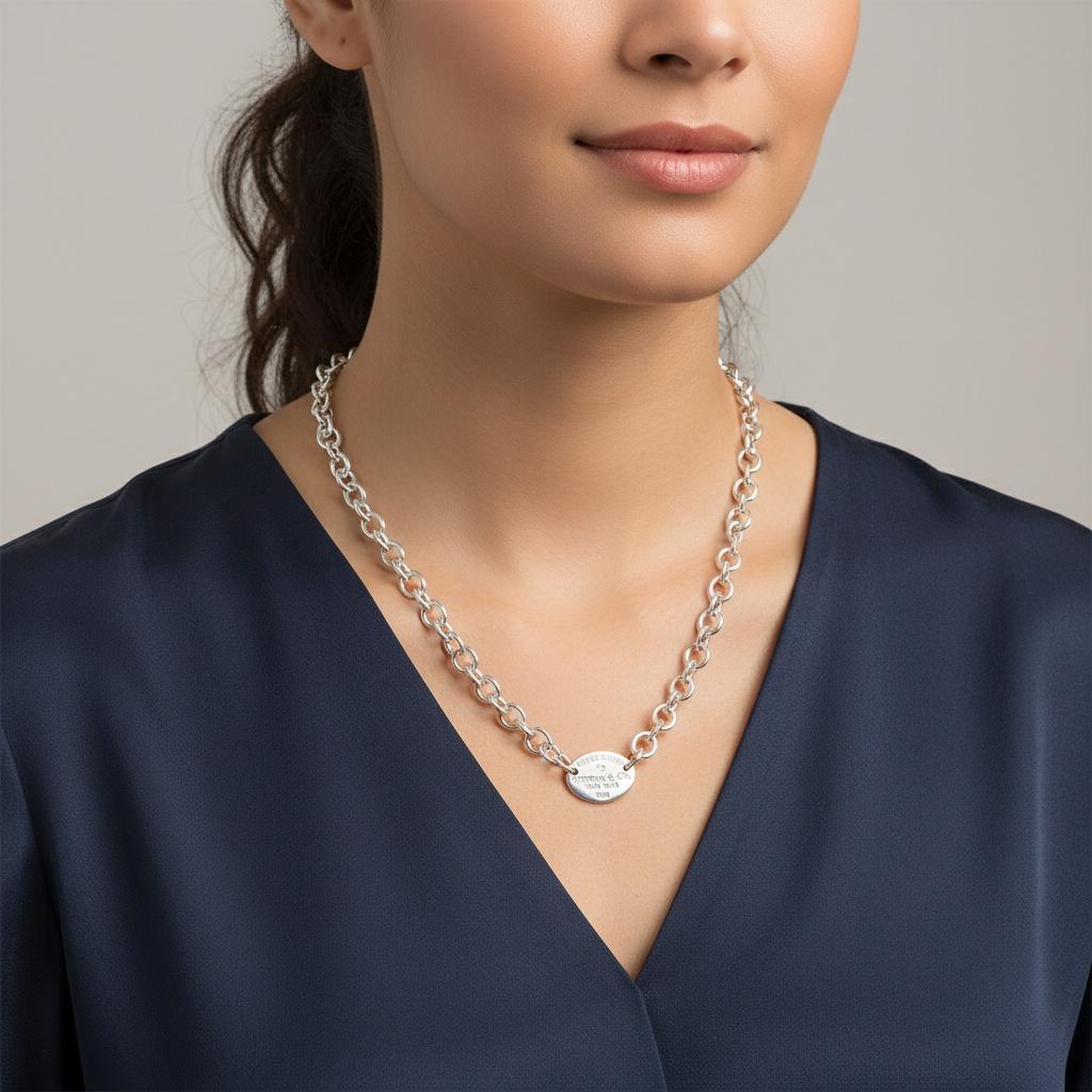 Eleva la tua collezione di gioielli con questa squisita Tiffany & Co. vintage. Ultra Oval Tag Necklace, un pezzo senza tempo che incarna la rinomata maestria artigianale e la sofisticata filosofia di design dell'iconica casa di lusso americana che