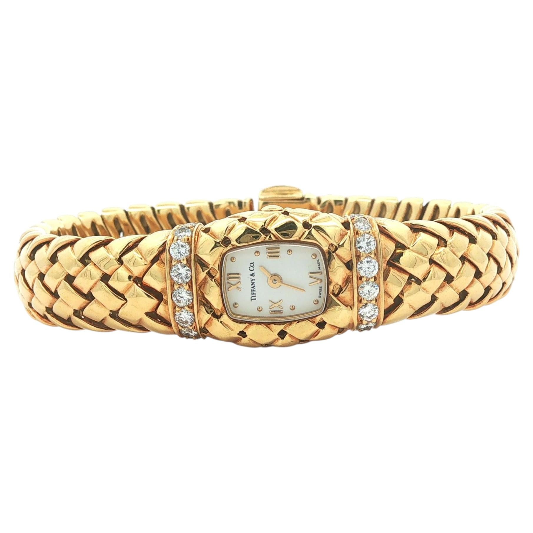 Vintage Tiffany & Co. Vannerie 18k Yellow Gold Diamond Weave Watch Bracelet