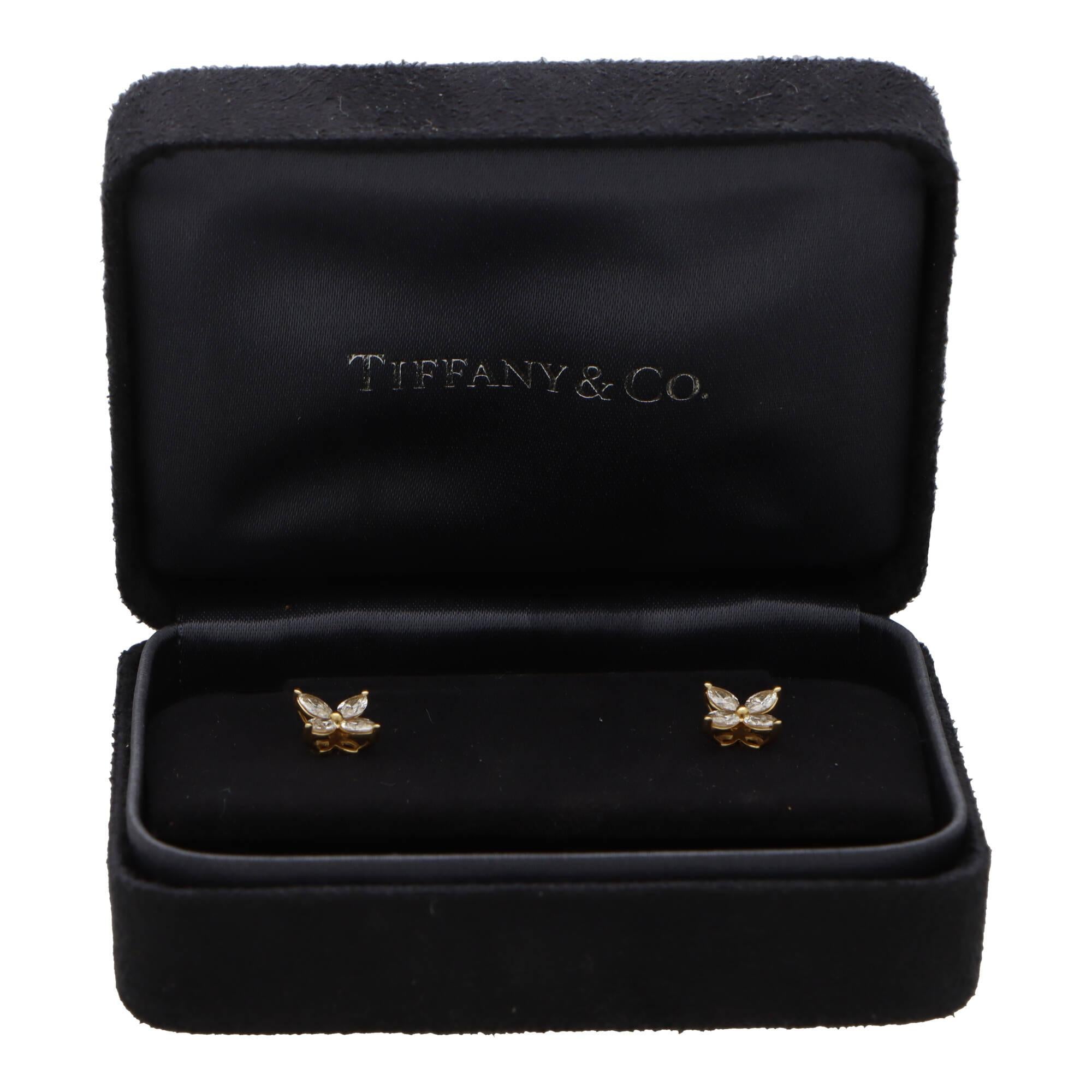  A beautiful pair of vintage Tiffany & Co. Victoria diamond stud earrings set in 18k yellow gold.

From the current Tiffany & Co. Victoria collection, each earring features four marquise cut diamonds in the iconic Victoria motif. Each marquise is