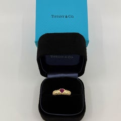 Vintage Tiffany & Co. Vivid Pinkish Red Ruby Heart Cut 18k Yellow Gold Band Ring