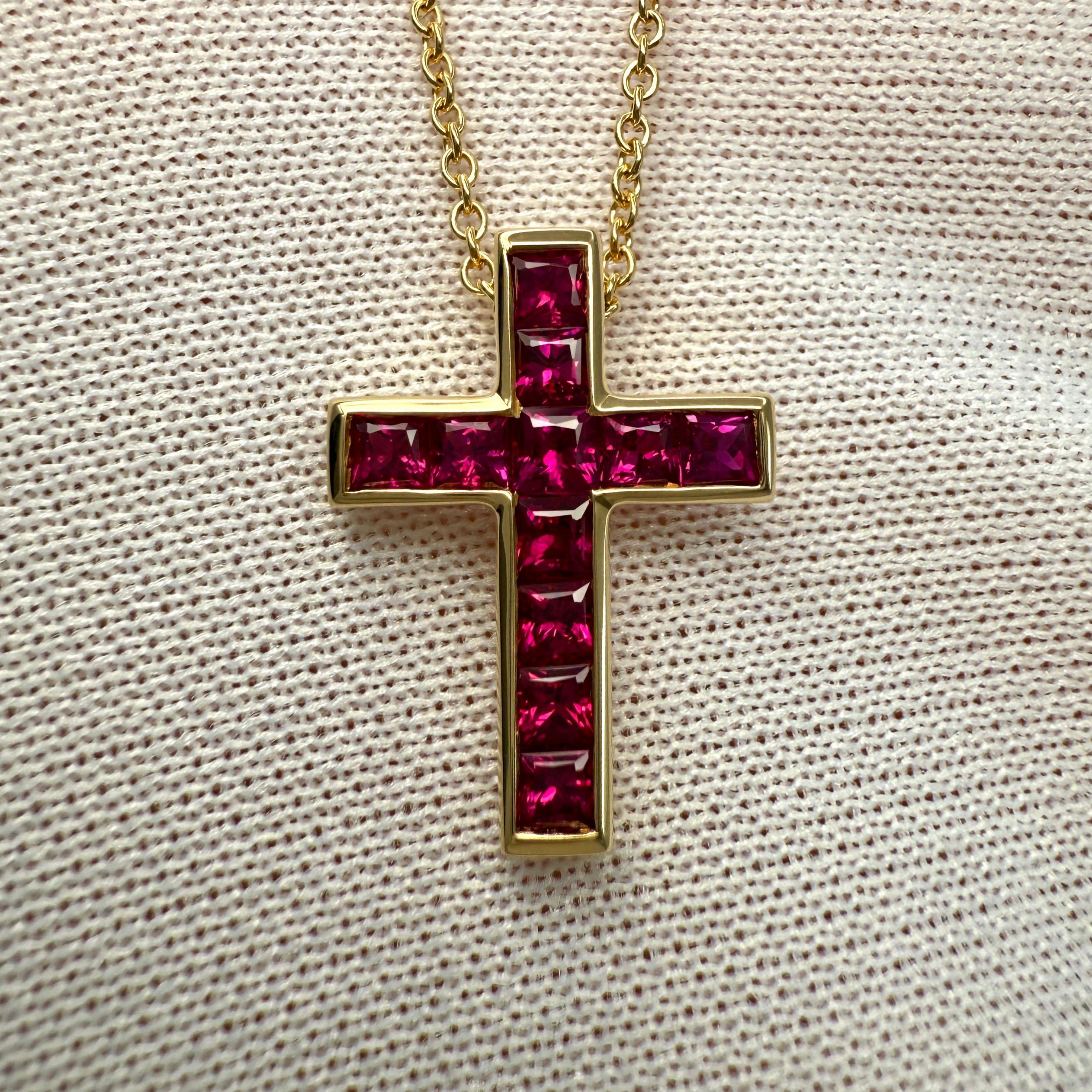 Princess Cut Vintage Tiffany & Co. Vivid Red Ruby 18k Yellow Gold Cross Pendant Necklace For Sale