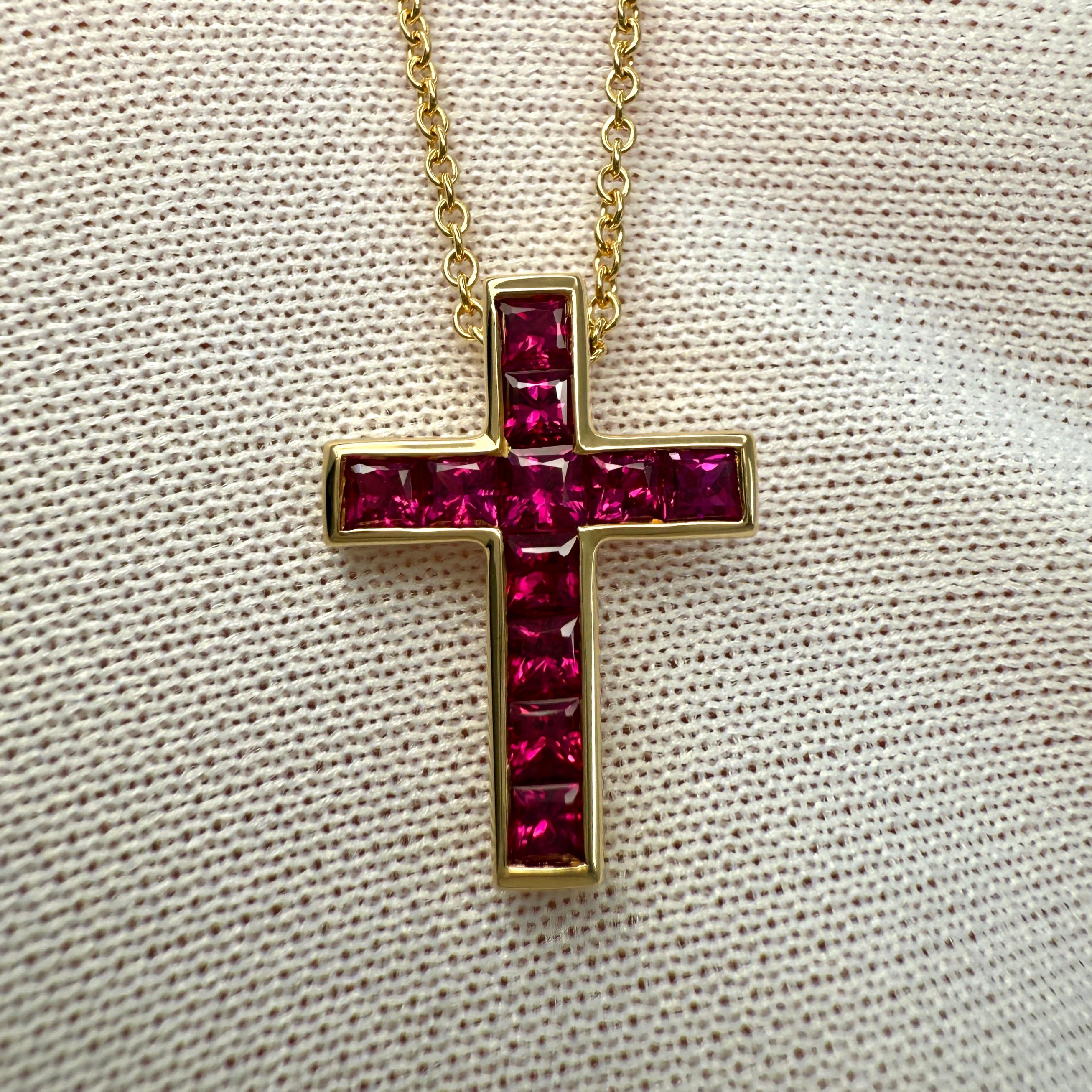 Women's or Men's Vintage Tiffany & Co. Vivid Red Ruby 18k Yellow Gold Cross Pendant Necklace For Sale