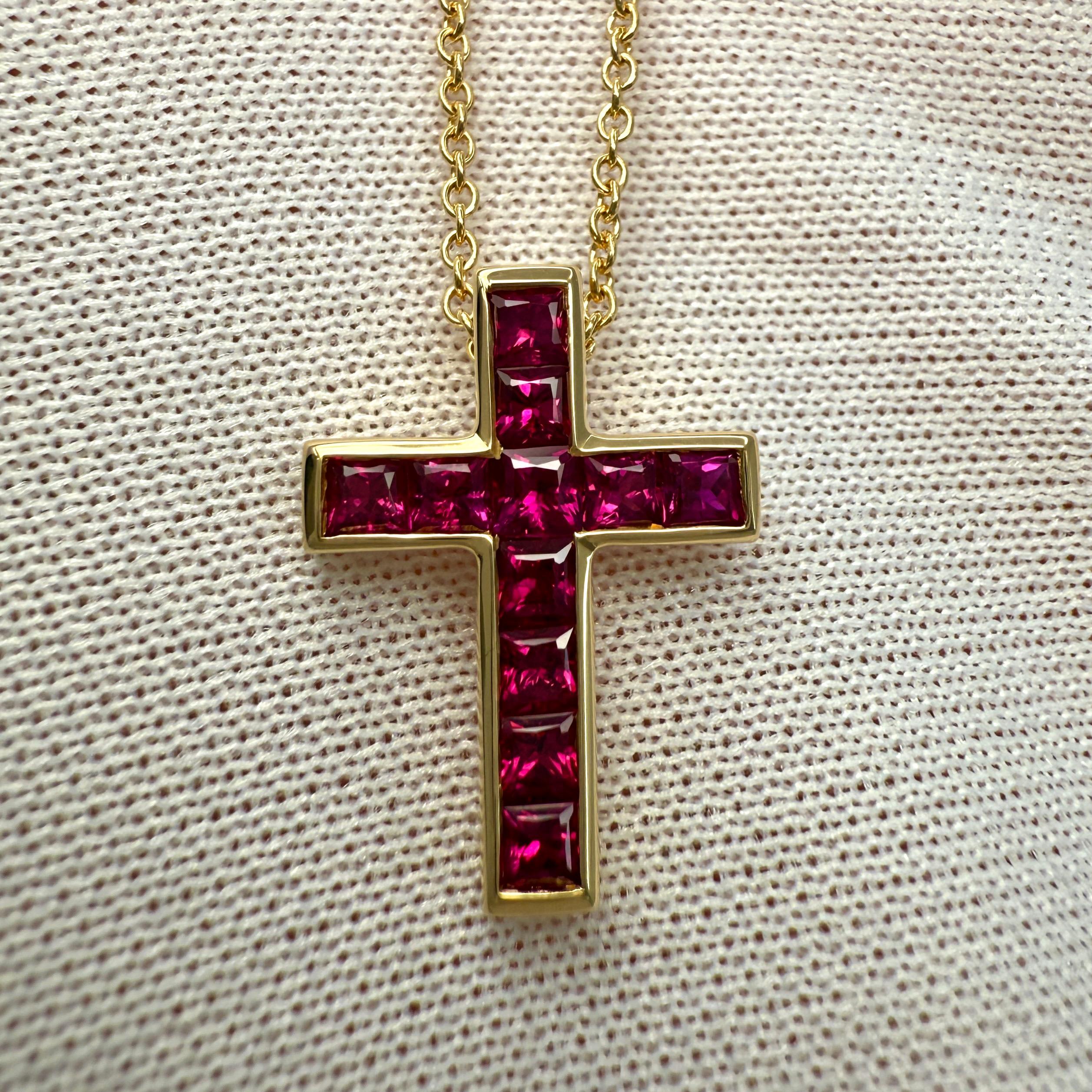 Vintage Tiffany & Co. Vivid Red Ruby 18k Yellow Gold Cross Pendant Necklace For Sale 4