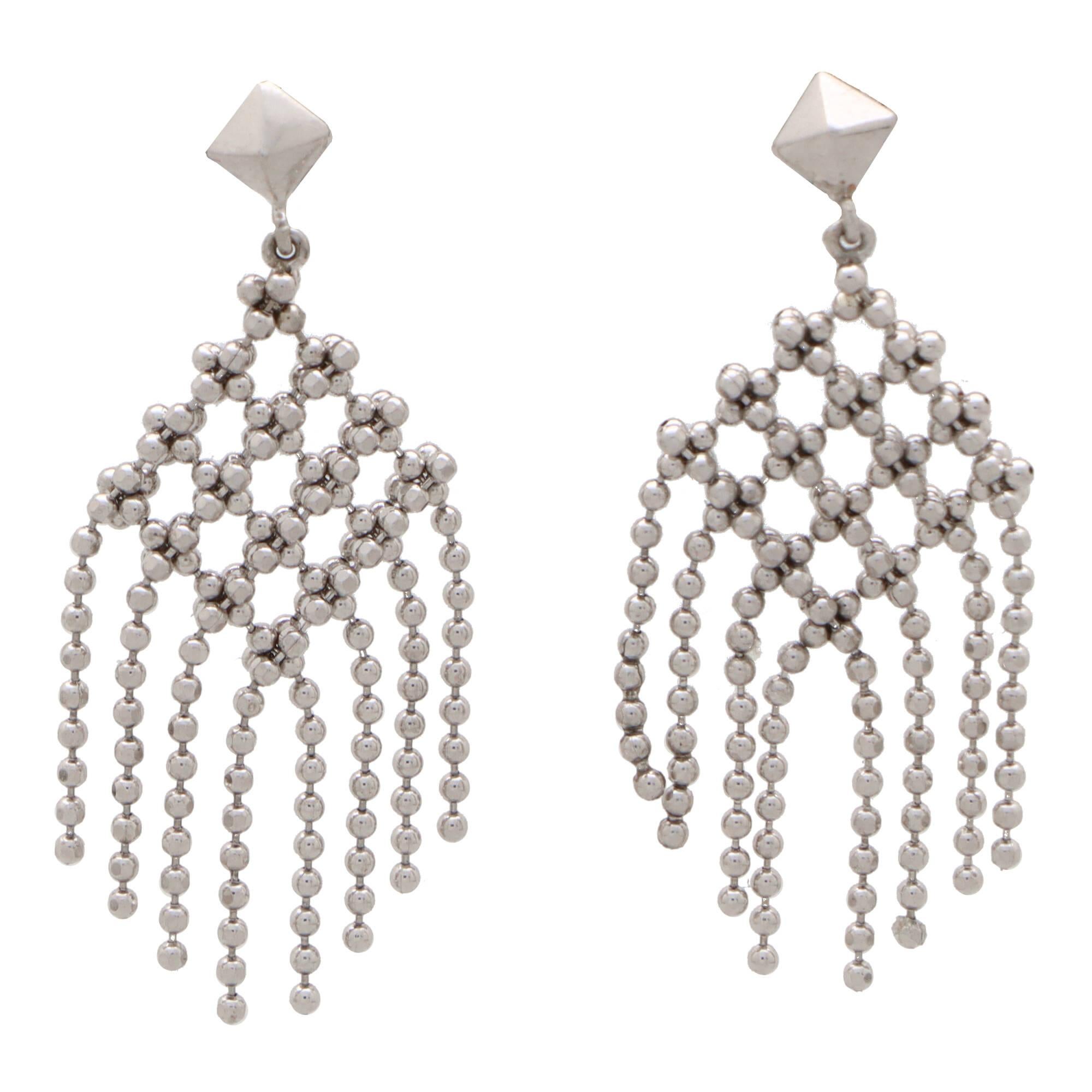 Women's or Men's Vintage Tiffany & Co. Woven Tassel Drop Earrings in 18k White Gold For Sale